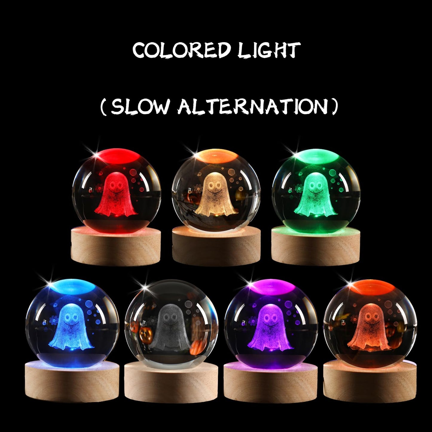 YummyCarrot 3D Ghost Crystal Ball Night Light,2.36inch Laser Engraved Led Light with Wooden Base, Gifting Box for Birthday Xmas Cool Figurines Gifts for Halloween Room Decor Boys Girls