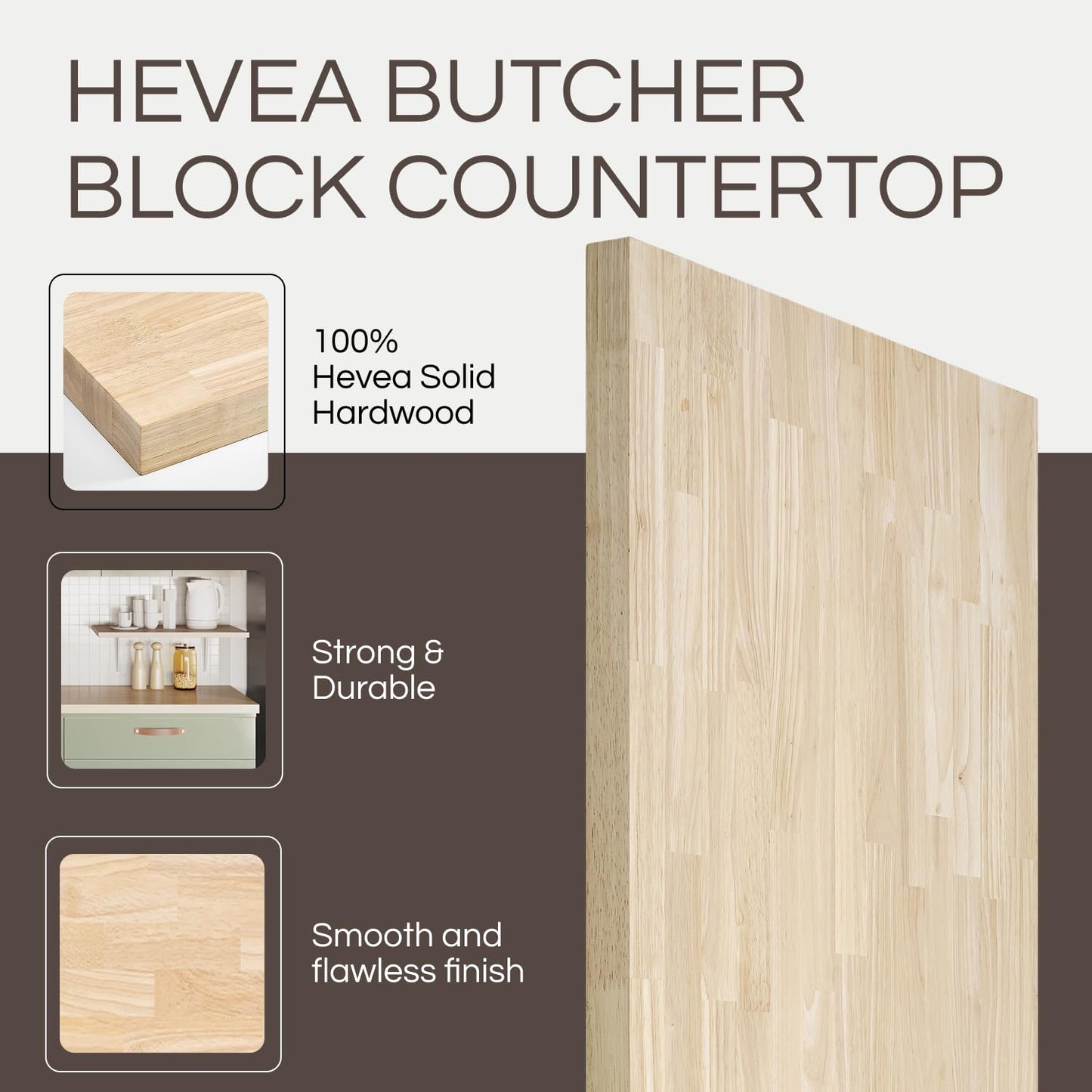 THYOI 4ft Hevea Butcher Block Countertop, 48" L x 25" W x 1.5" Thick Solid Wooden Table Top, Kitchen Countertops, DIY Butcher Block Desks and Unfinished Wood Table Tops for Customization