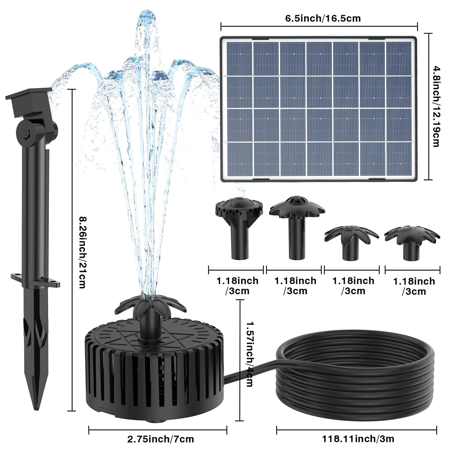 AISITIN 4.5W Solar Water Fountain, Upgraded DIY Solar Water Pump Fountain Kit with Cable Nozzles for Garden, Pond, Pool and Fish Tank