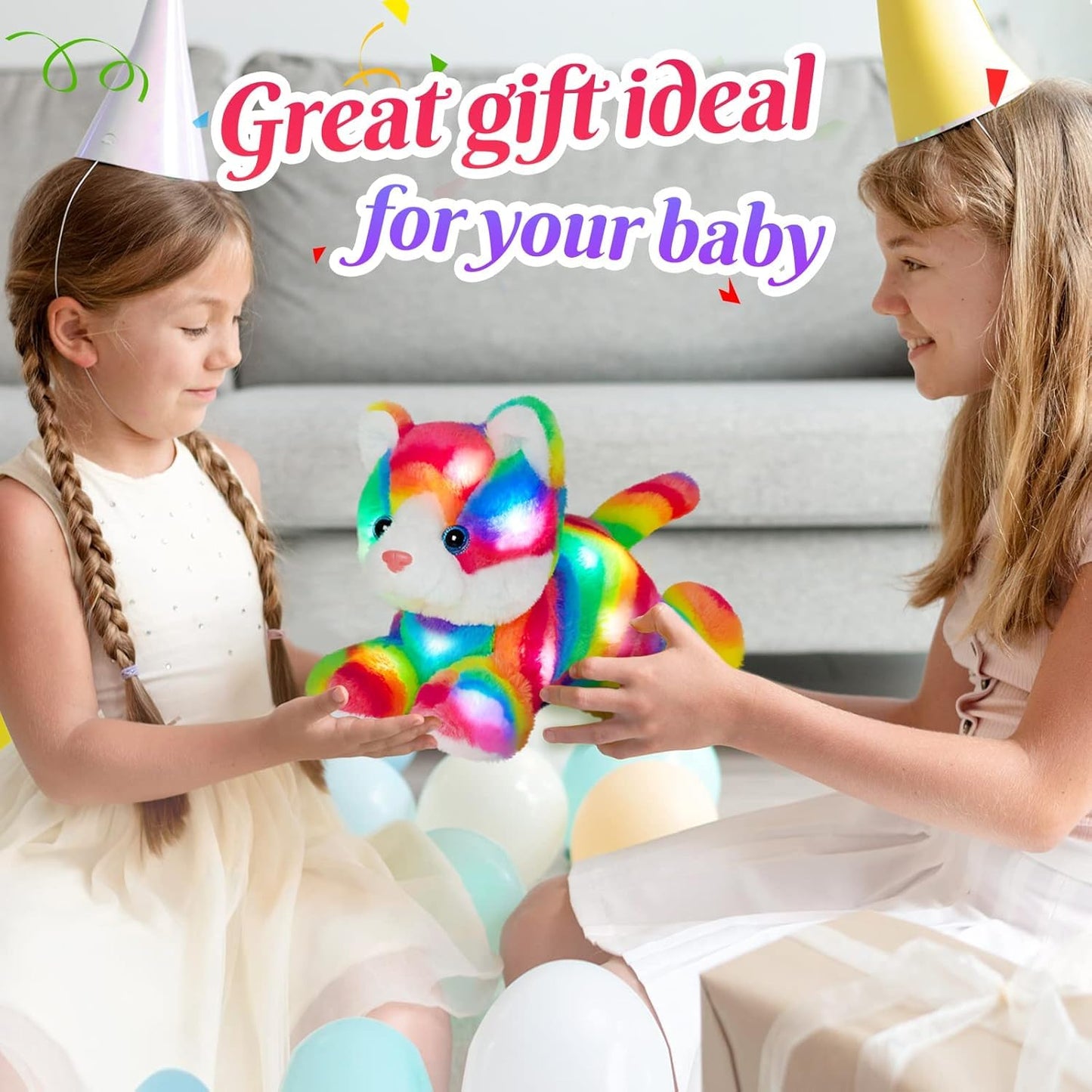 Glow Guards Light up Rainbow Cat Stuffed Animal Soft Kitty Plush Toy with LED Night Light Christmas Children's Day Birthday Gifts for Toddlers Kids Boys and Girls Children, 13''
