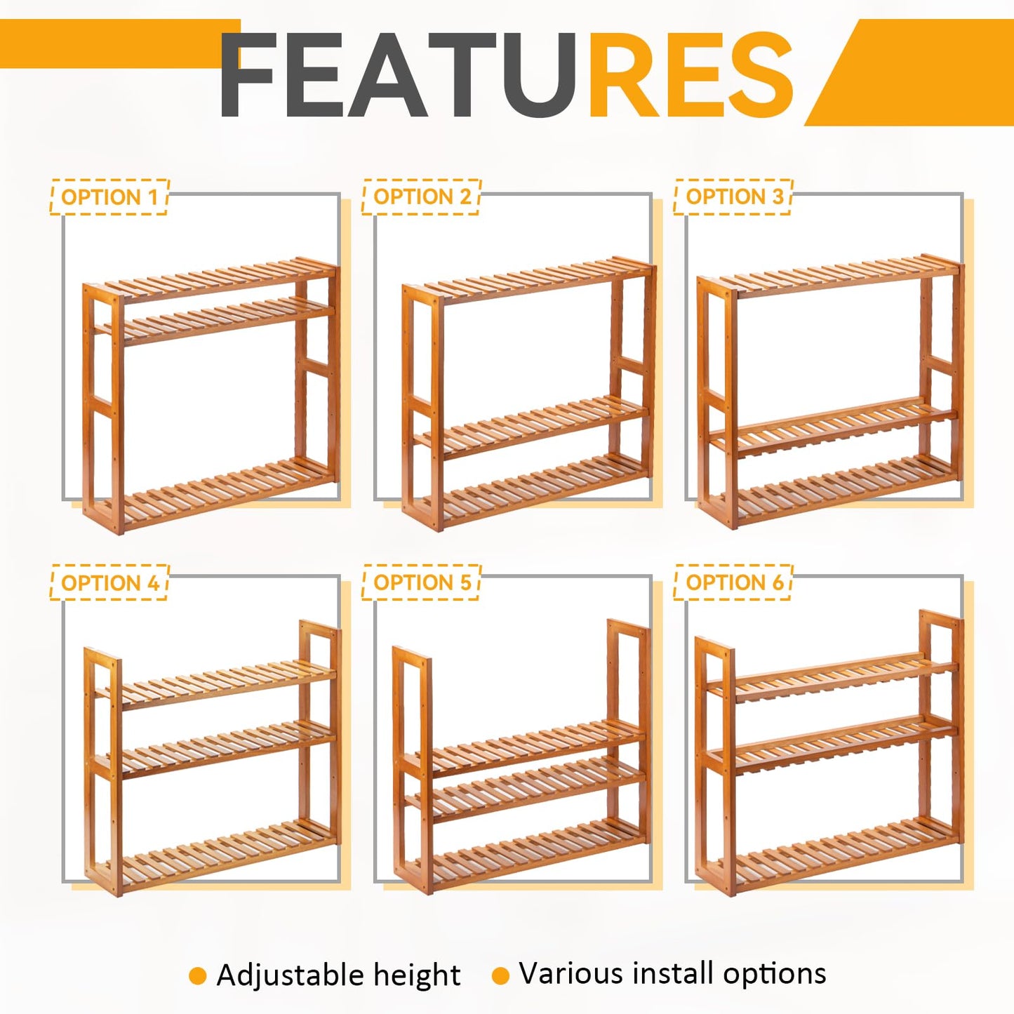 MEHL CLUB Wood Bathroom Shelf, 3-Tier Adjustable Shoes Rack&Plants Rack, Wall-Mounted or Stand for Living Room (Honey Oak)