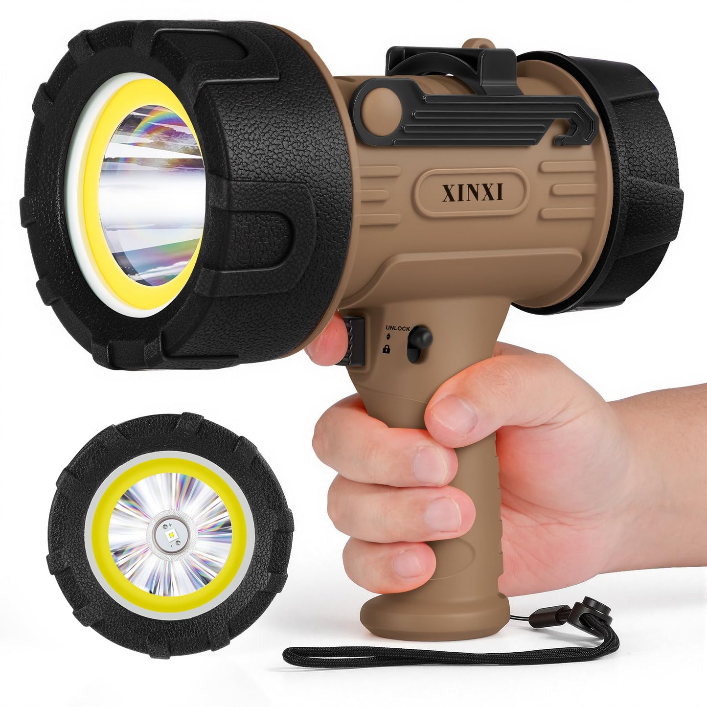 XINXI Rechargeable Spotlight 2,000,000 Lumens with COB Floodlight, IP67 Waterproof Spotlight Flashlight, Long Runtime Handheld Spot Light with Red Filter,Outdoor Spot Light for Hunting,Fishing(Brown)