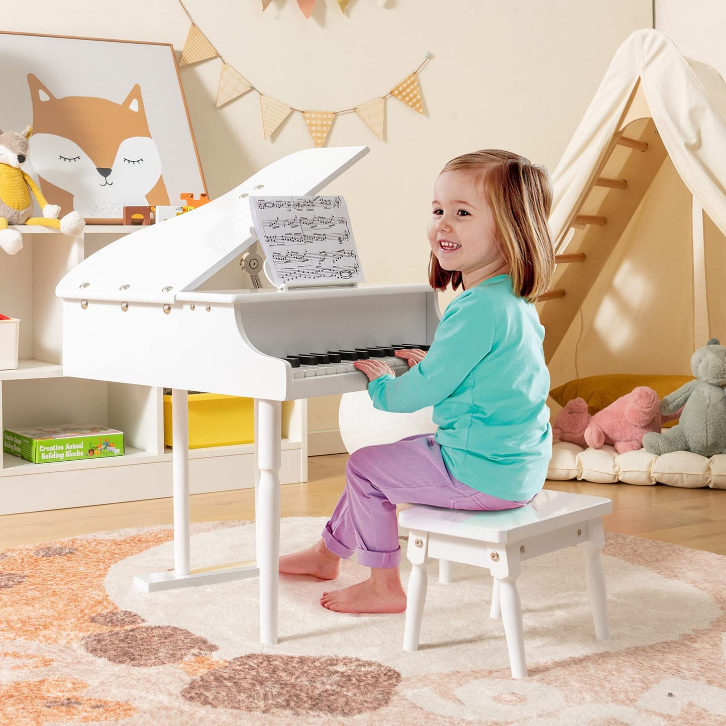 Goplus 30-Key Classical Kids Piano, Mini Grand Piano Wooden Learn-to-Play Musical Instrument Toy with Bench, Piano Lid, Music Rack, Gift for Boys Girls Aged 2+ Baby Toddler(3 Straight Leg-White)