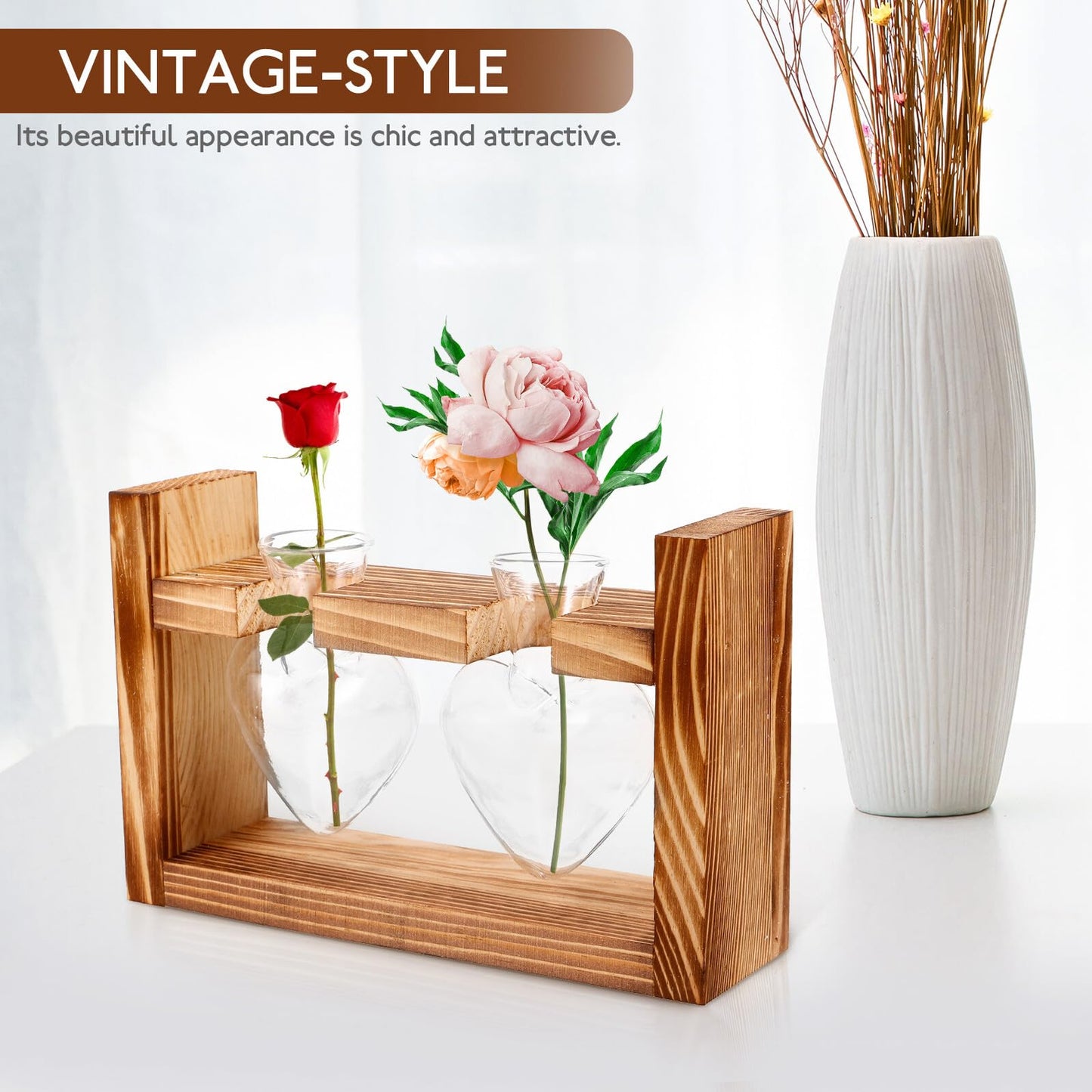 Unomor Wooden Stand Glass Terrarium Plant Holder Heart Shaped Vase Hydroponic Indoor Garden Decor with 2 Glass Containers for Home Office
