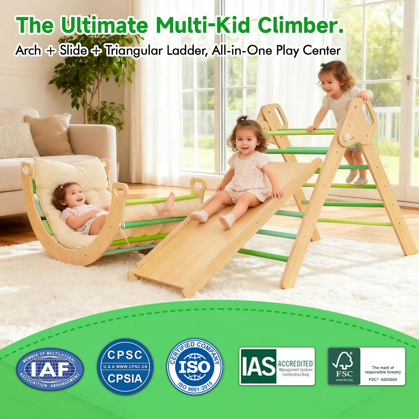 ZippyZebra Large pikler Triangle Set with Cushion，7 in 1 Foldable Baby Jungle Gym with Ramp & Arch，Wooden Montessori Toddler Climbing Toys Indoor for Toddlers 1-6 Year Old (Green)