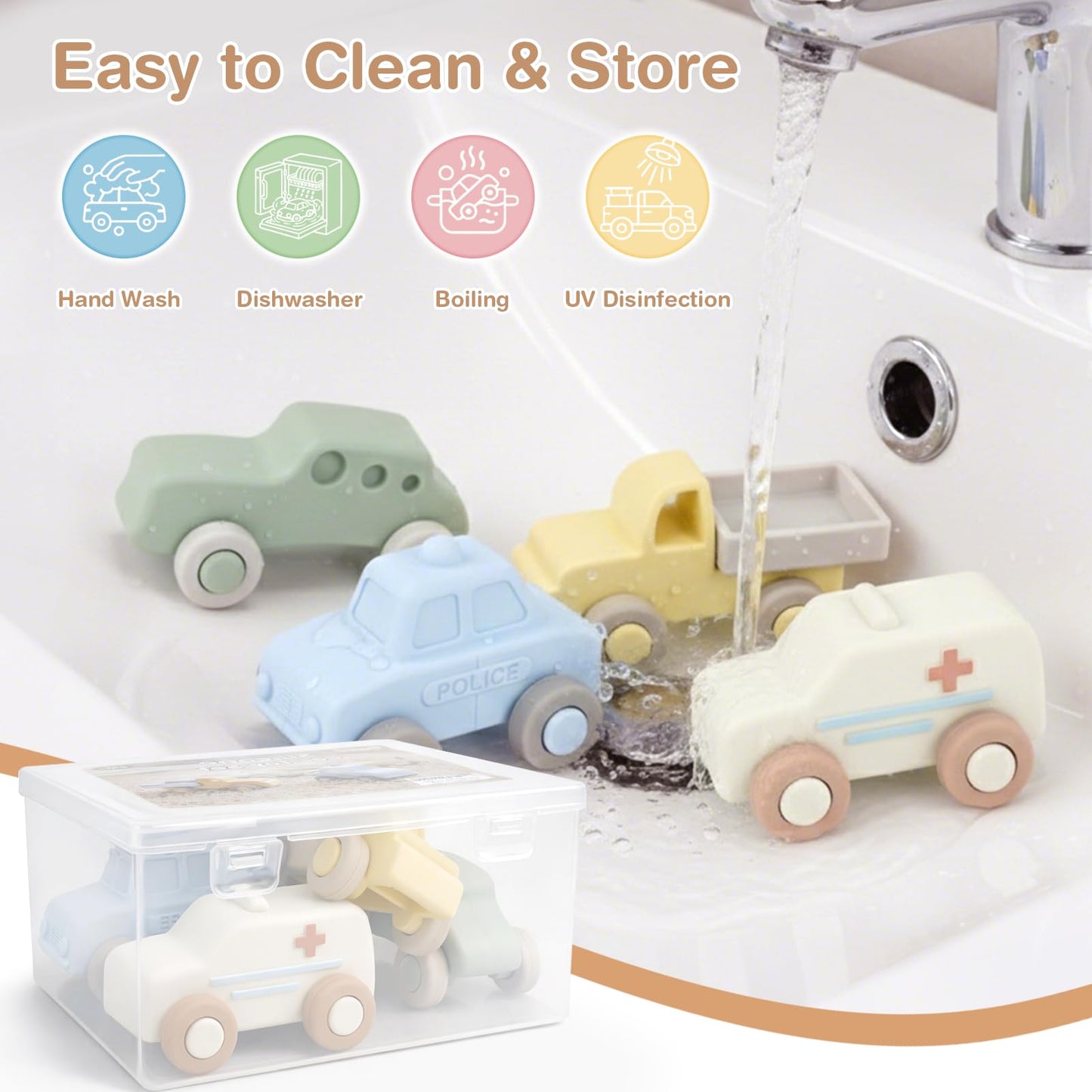 Vanplay Silicone Baby Car Toys with Storage Box - Soft Teething Toys for Babies 6-12 Months, One-Piece Design Push & Pull Baby Toys for Toddlers, Birthday Gifts for Boys Girls（4 PCS）
