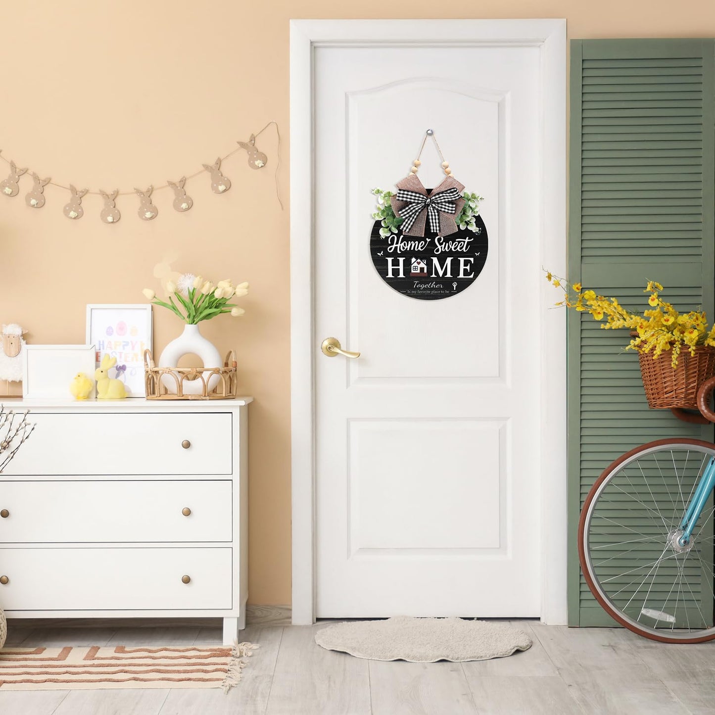 Welcome Sign for Front Door, Wooden Home Sweet Home Decor Outdoor, 3D Farmhouse Hanging Door Wreath with Artificial Greenery, Porch Welcome Sign Hanger All Year Round (Black)