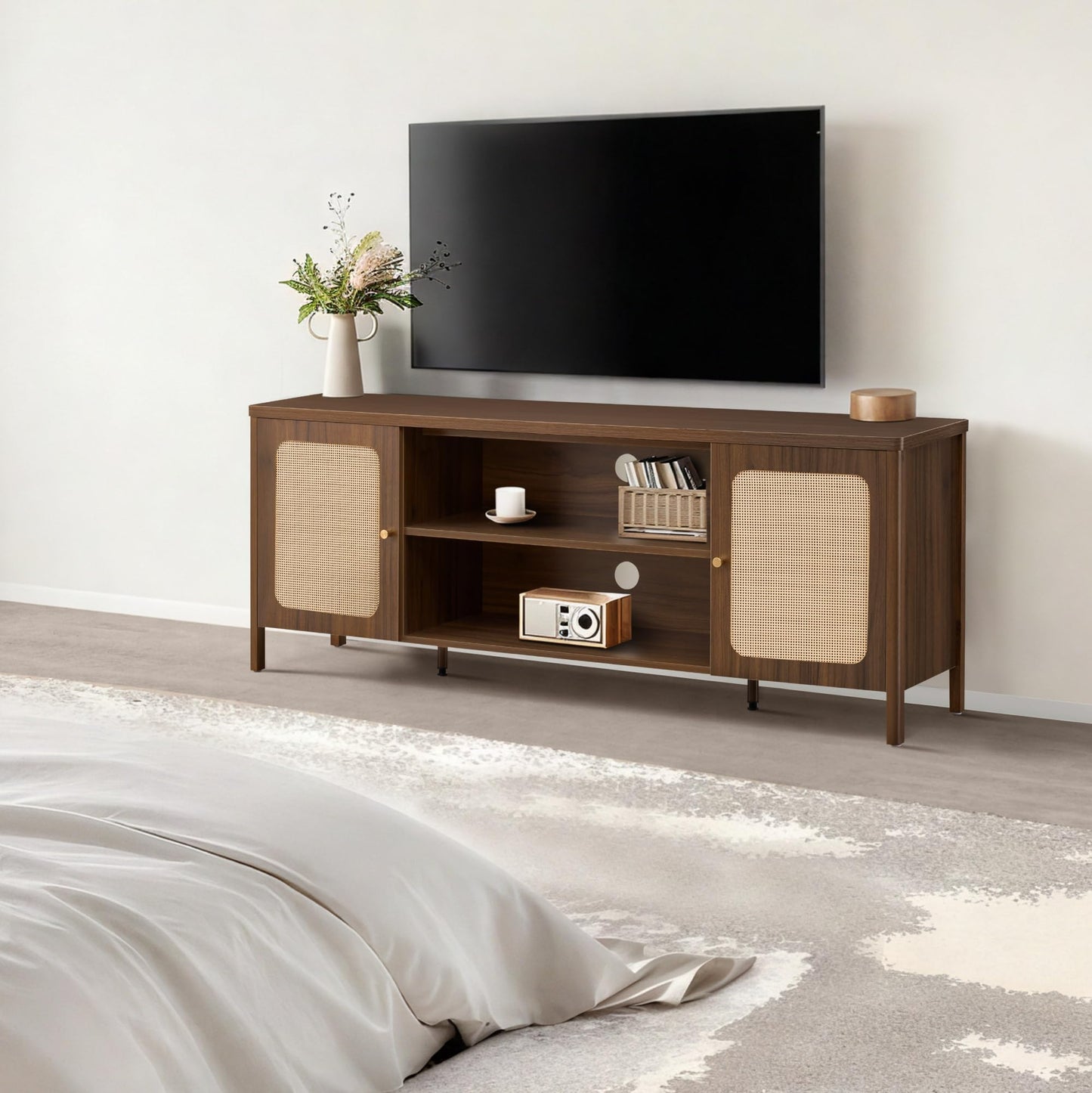 KISLOT Rattan TV Stand for TVs up to 75'' Boho Entertainment Center with Adjustable Shelf Television Stand with 2 Storage Cabinets Media Console Wooden TV Cabinet for Living Room Bedroom,Walnut