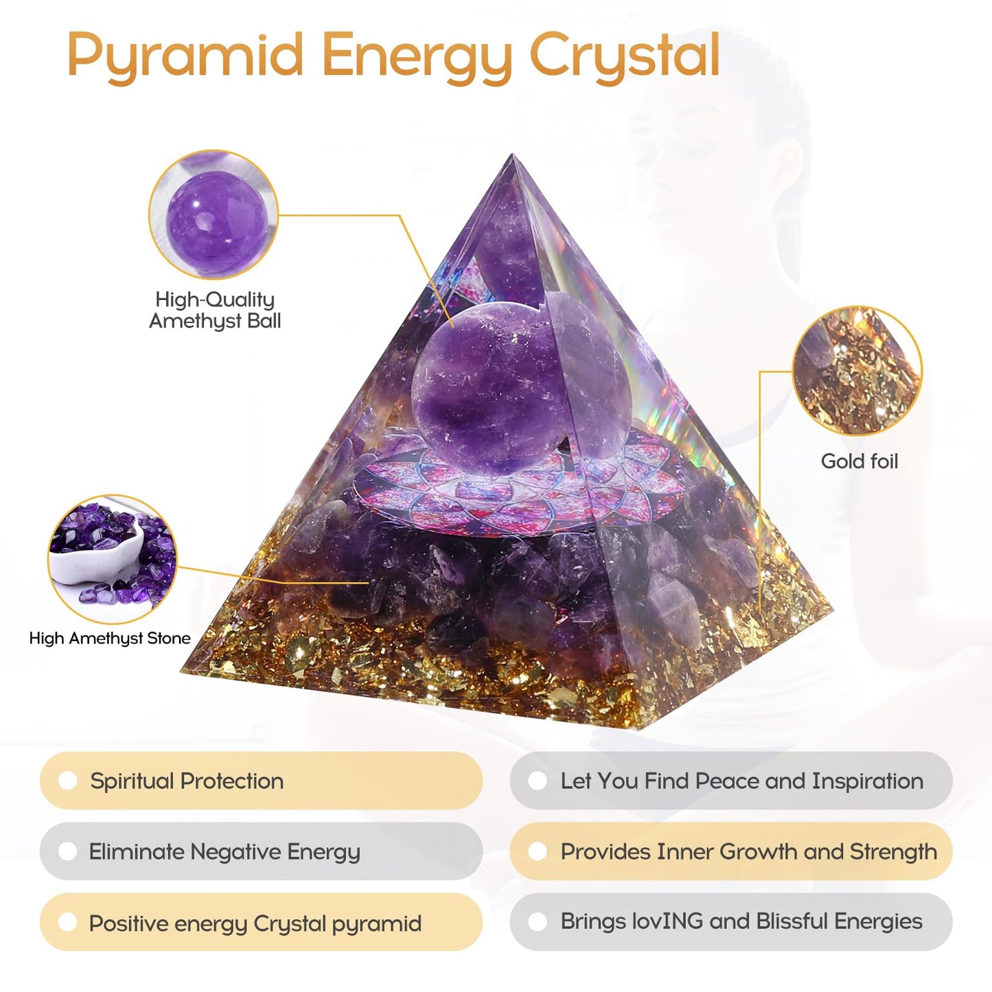Hopeseed Orgone Pyramid for Positive Energy, Orgonite Natural Amethyst Crystal Healing Crystals Pyramid for Reduce Stress Chakra Reiki Healing Meditation Cleanses the Mind and Boosts Confidence