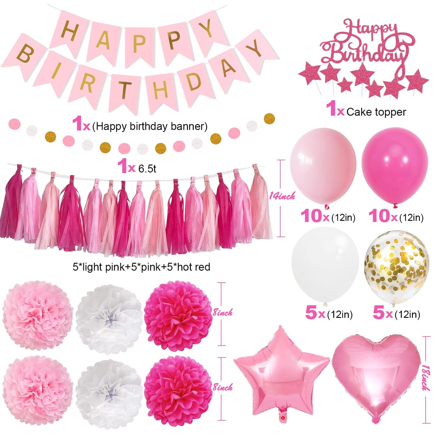 Pink Red Happy Birthday Party Decorations kits for Girls Women with Happy Birthday Banner, Fringe Curtain,Foil Balloons,Tissue Pompoms,Dots Garland,Tassels Garland,Cake Topper for birthday decor(pink)
