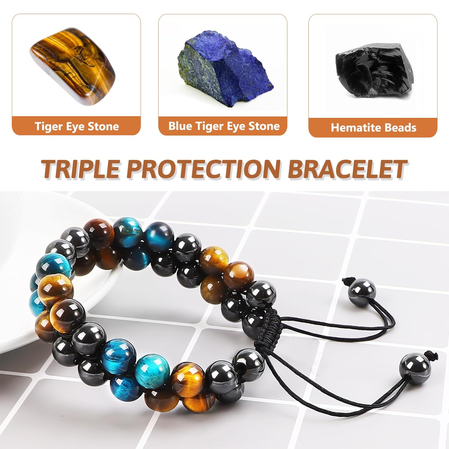 MIDON Tiger Eye Bracelet, Triple Protection Bracelet for Men Women, Handmade Tiger Eye Beads Hematite and Black Obsidian Jewelry Natural Stone Healing Energy Crystal Bracelets