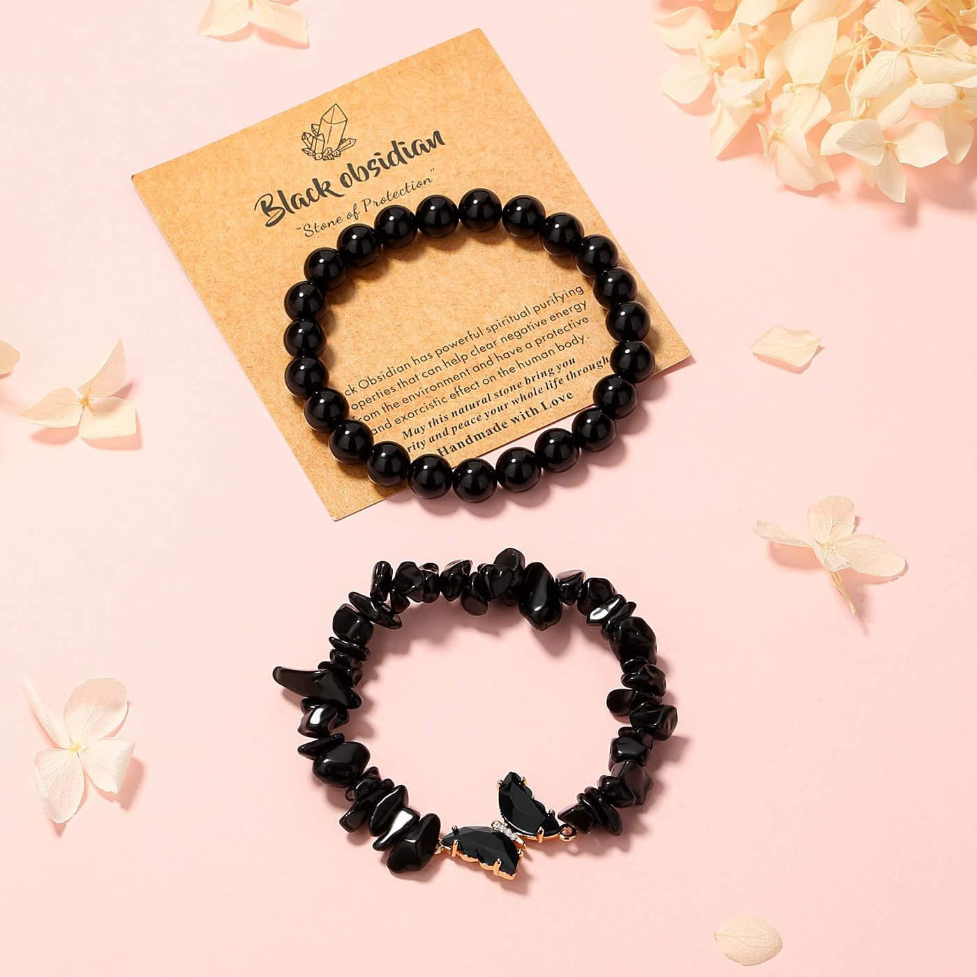 DUQGUHO 2Pcs Black Butterfly Bracelets for Women Obsidian Bracelets Gifts for Women Healing Crystal Bracelet Natural Gemstone Stretchable Jewelry 8mm Black Crystal Beaded Bracelet Gift for Birthday