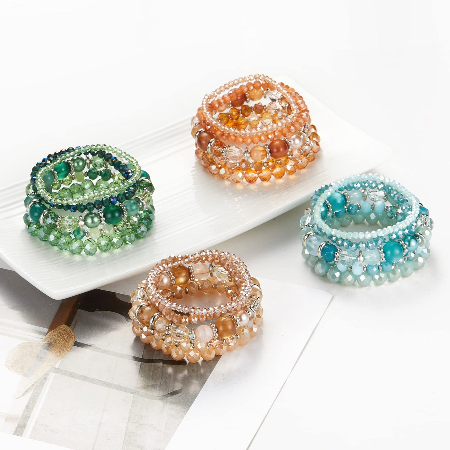 Noessla Beaded Boho Stretch Bracelet Colorful Stackable Crystal Beads Bracelets Trendy Costume Jewelry Mothers Day Gifts for Women(21-Green)