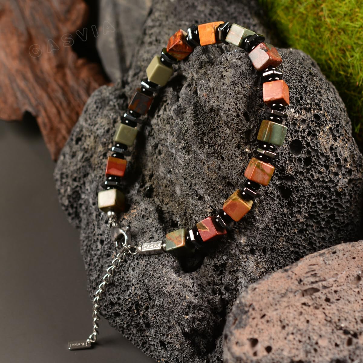 Casvia original beaded bracelets for men Picasso jasper mens bracelet with hematite and black onyx spacers stainless steel adjustable chain Handmade Viking style Great for yourself or friends