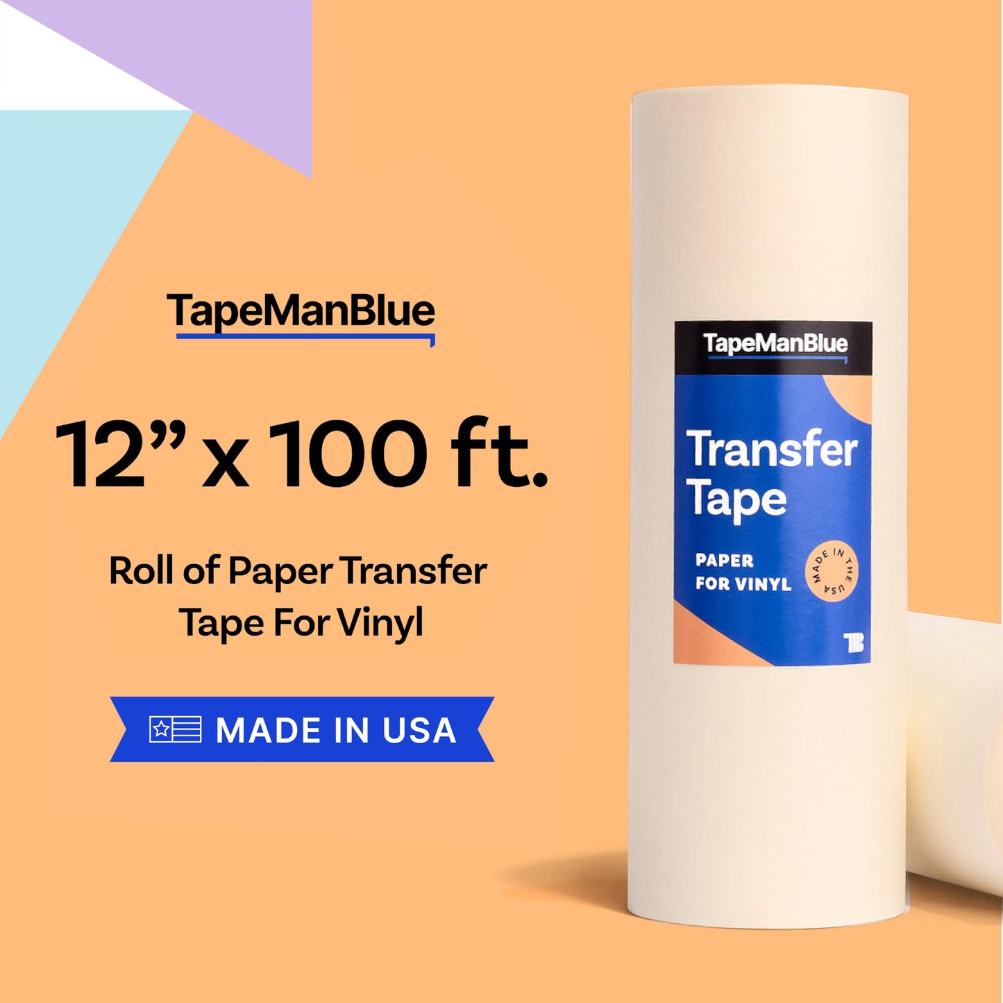 TapeManBlue 12" x 100' Roll of Paper Transfer Tape for Vinyl, Made in America, Premium-Grade Transfer Paper for Vinyl with Layflat Adhesive for Crafts, Decals, and Letters