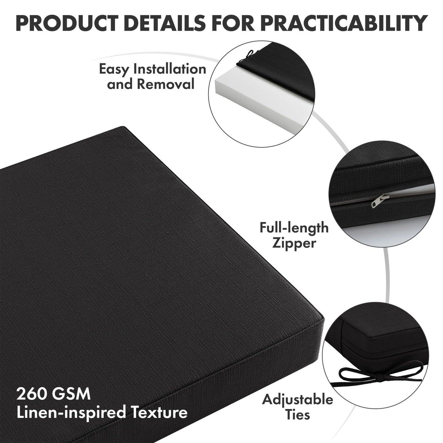 MIULEE Black Outdoor Dining Cushion 20x20 Inch Waterproof & 3 Year Color Fastness Deep Seat and Back Cushion for Patio Furniture Chair with Ties