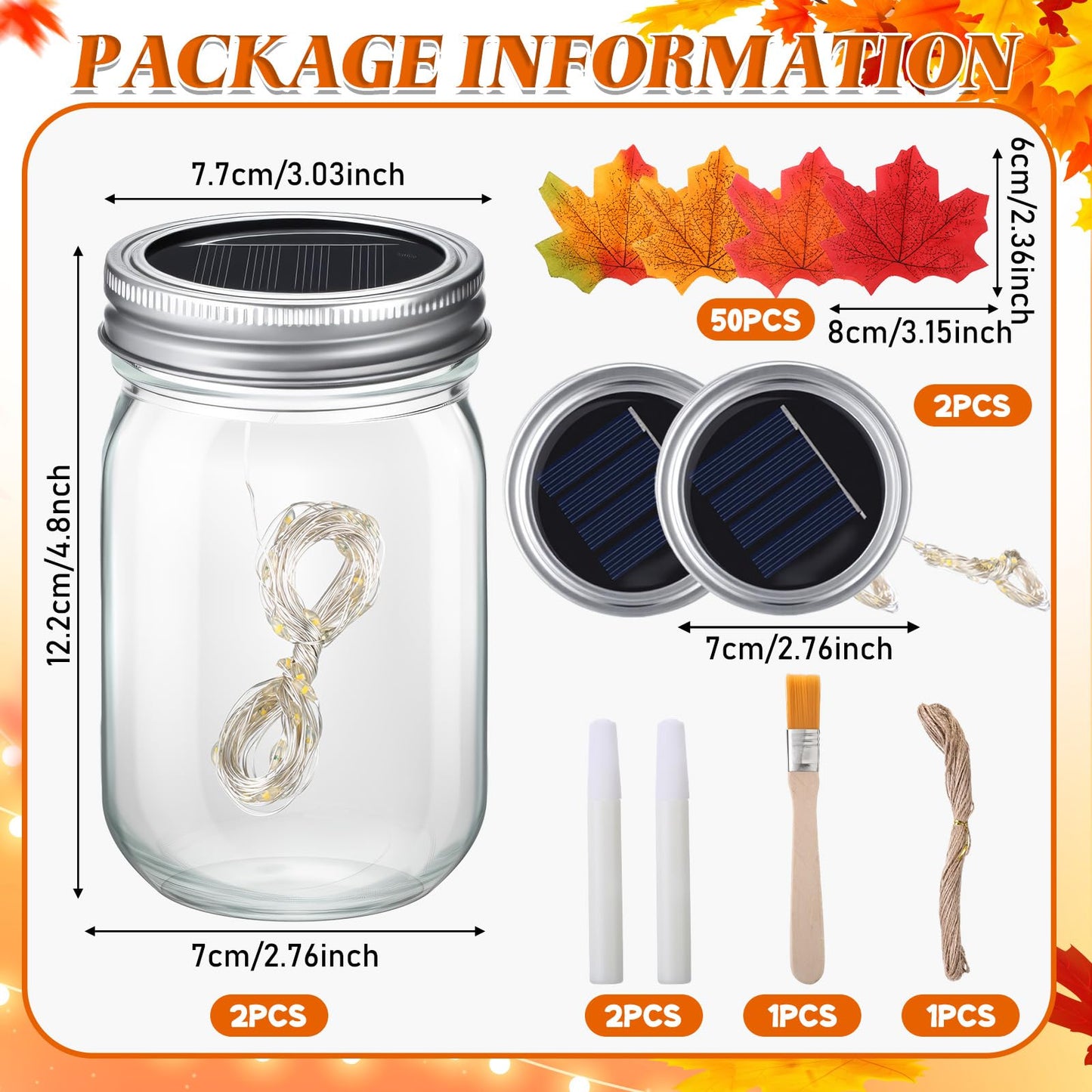LemonRoad 2 Sets Thanksgiving DIY Craft Kit DIY Glass Mason Jar Solar Lanterns Fall Maple Leaf Table Centerpieces Decoration with Rope Brush Glue for Autumn Party Decor Classroom Activities Crafts