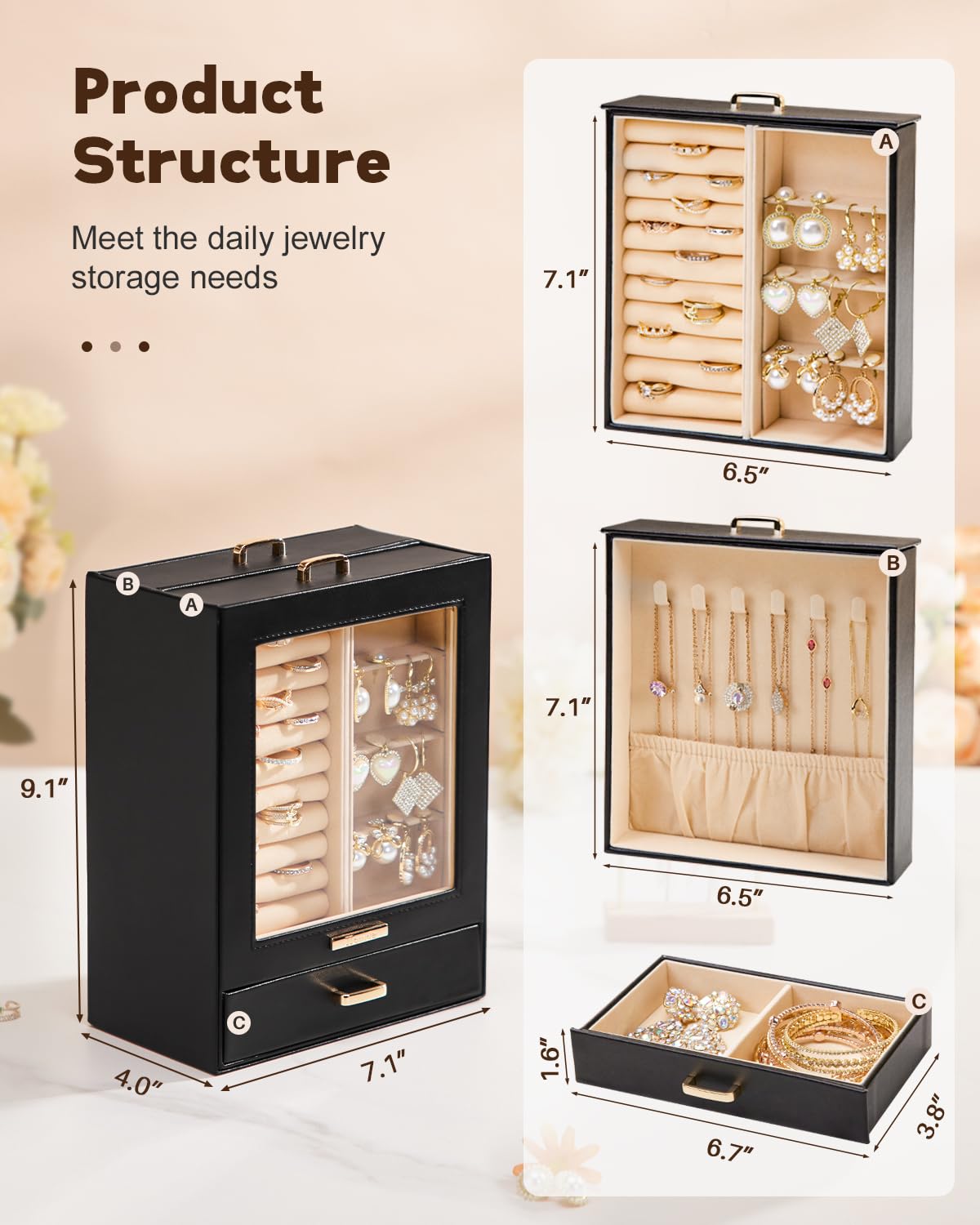Homde Mothers Day Gifts Jewelry Organizer Girls Women Jewelry Box for Necklaces Rings Earrings Gift Bracelets Storage Case (Black + Gold)