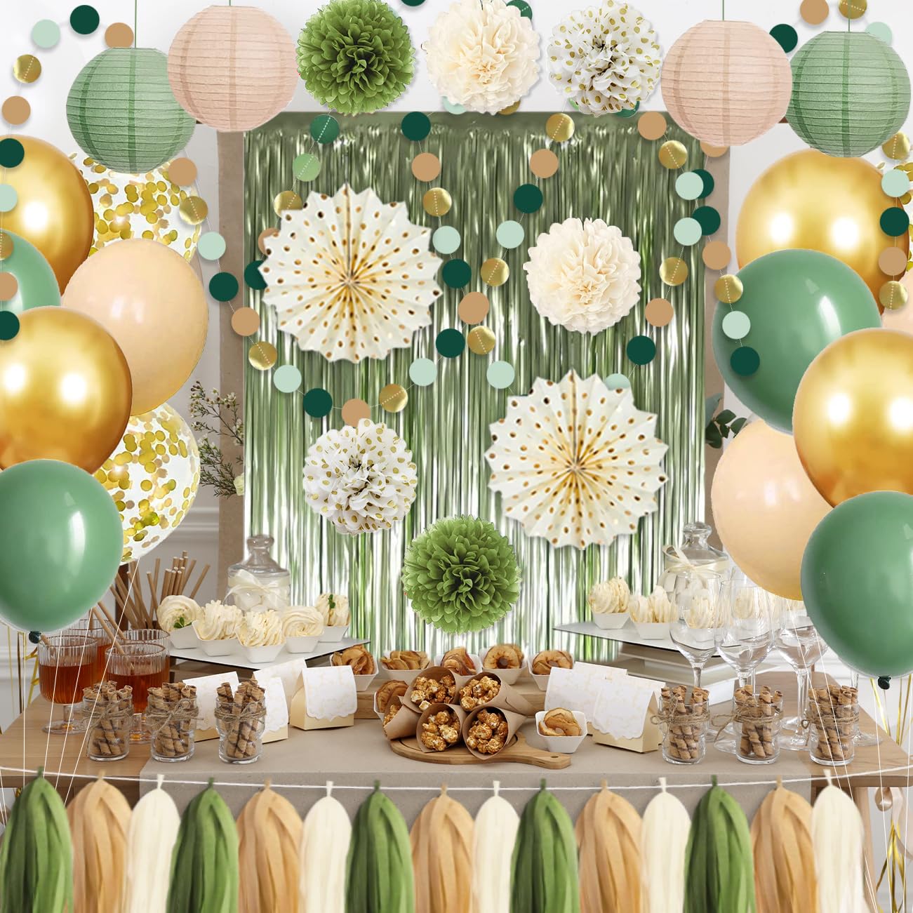 Sage Green Party Decorations Birthday Party Decorations Bridal Shower Balloons Paper Pompoms Fringe Curtain for Birthday Baby Shower Bridal Shower Supplies