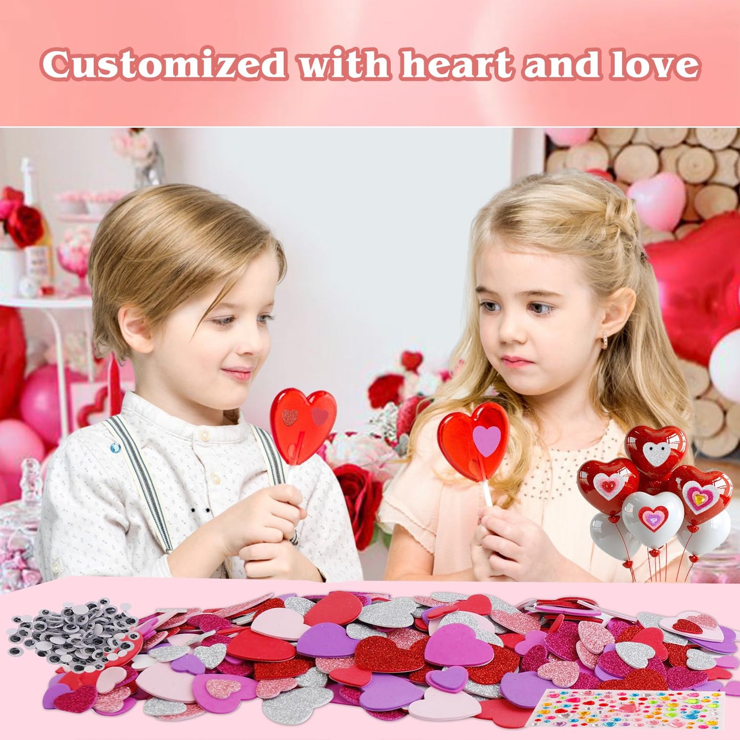 Japior 864 Pcs Valentines Foam Heart Stickers, Self Adhesive Glitter Heart Shaped Stickers with Gem Diomand and Googly Eyes for Valentine Craft Supplies