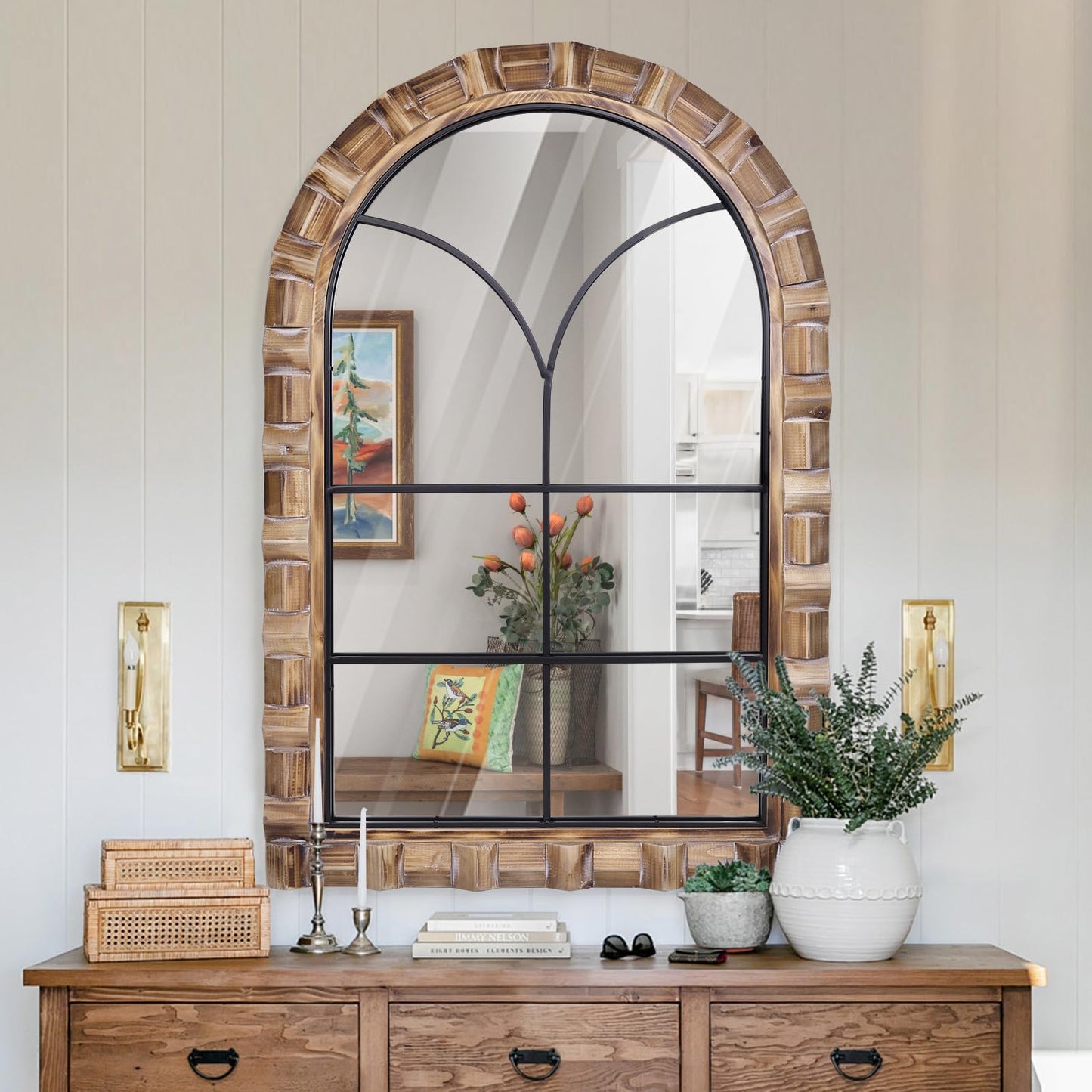XGGJWW 36x24 Inch Arched Window Pane Wall Mirror - Rustic Farmhouse Solid Wood Decorative Mirror for for Living Room, Bedroom, Entryway & Bathroom