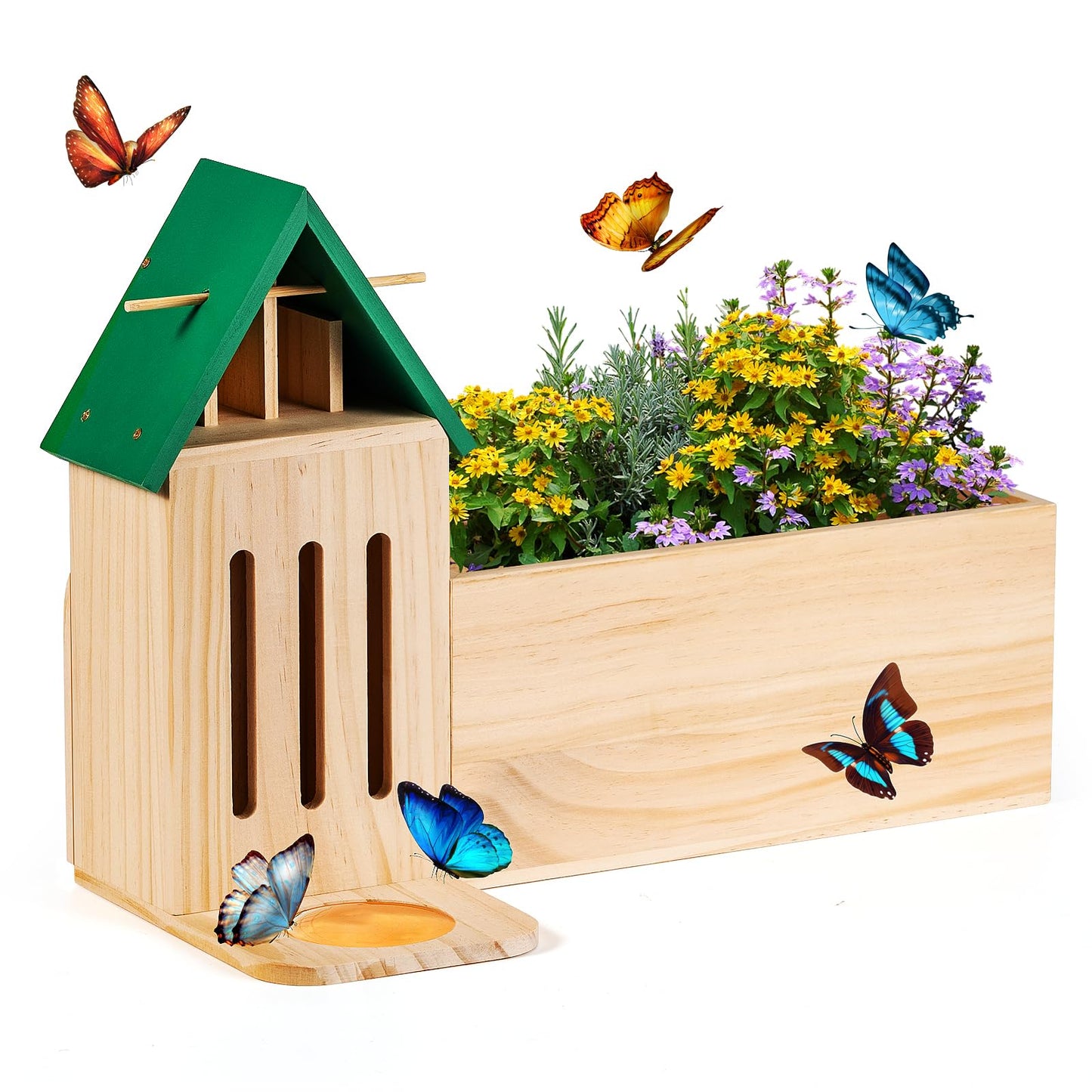 Wooden Butterfly House for Garden, Butterfly House and Feeder with Flower Pot, Natural Butterflies Habitat Butterfly Shelter Hotel for Butterflies, Bees, Ladybug