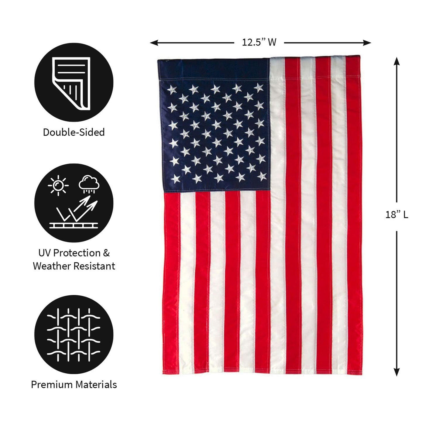 Evergreen 2 pcs American Flags with 2 Flag Stands | Set of 4 | Garden Flags 12x18 Double Sided | Patriotic House Flags For Outside | Small American Flag Garden Size | Embroidered Stars and Stripes | USA Residential or Commercial