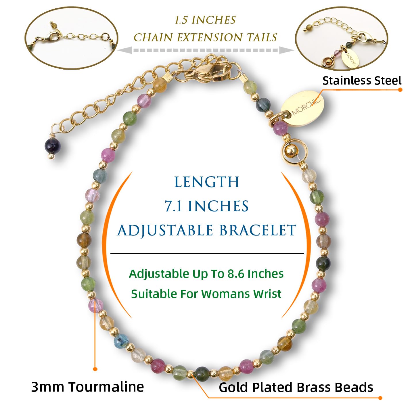 Morchic 3mm Multi-Color Tourmaline Natural Gemstone Beaded Bracelet for Women, Dainty Charm Jewelry, Adjustable 7.1-8.6", Ideal Birthday Holiday Gift