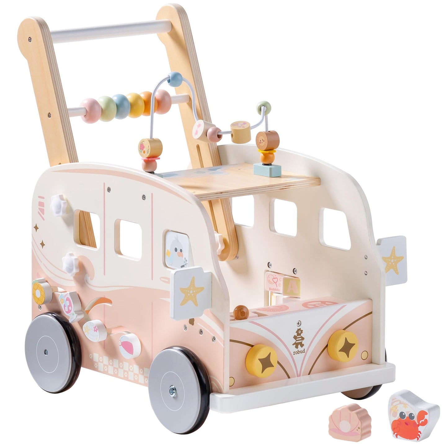 ROBUD Wooden Baby Walker, Height & Speed Adjustable Baby Push Walker with Anti-Slip Wheels, Developmental Activity Center with Ocean Vacation Theme, Wooden Walkers for Babies Learing to Walk，Pink