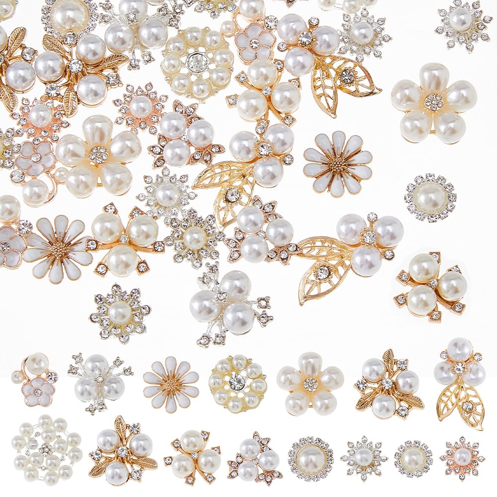 SUPERFINDINGS 60Pcs 15 Styles Rhinestone Buttons White Faux Pearl Buttons Flower Button Embellishments Craft Flat Back Rhinestone Embellishments for Sewing DIY Wedding Clothes Bags Shoes Decorations