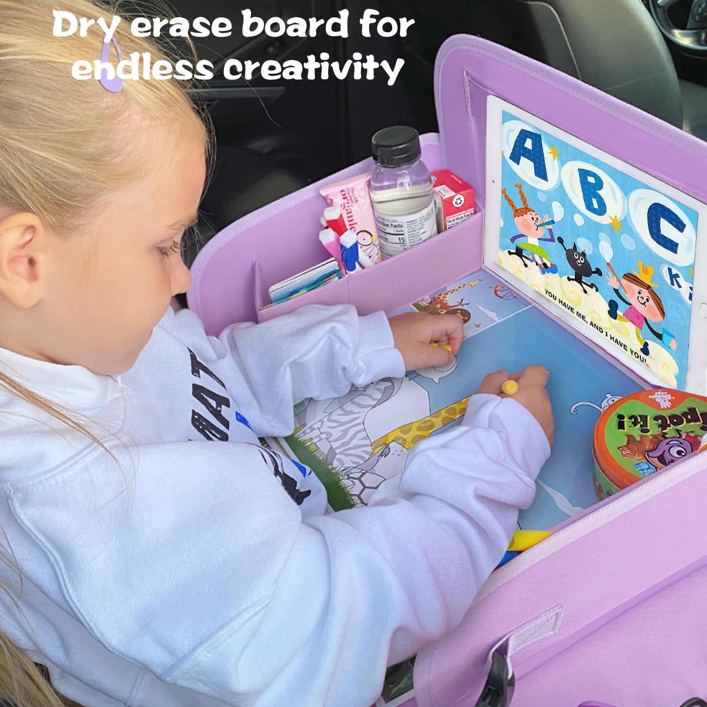 MENZOKE Kids Travel Tray for Toddler Car Seat, Toddler Gift for Girl Activities with Dry Erase Board & iPad Holder Stand, Road Trip Essentials Accessories Lap Tray for Girl as Birthday Gift, Purple