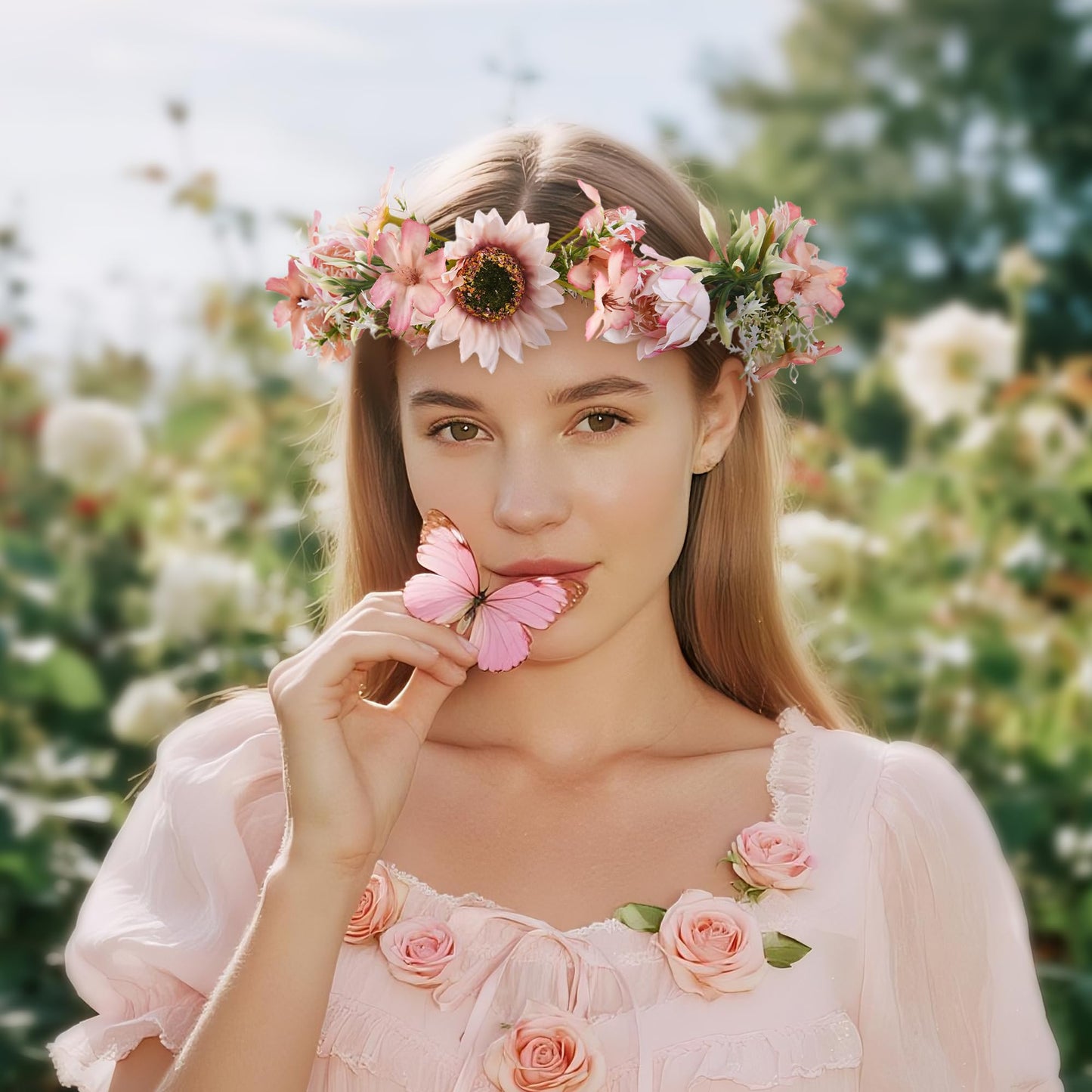 KorViSHOW Pink Sunflower Flower Crown Headband, Artificial Fairy Daisy Floral Headpiece, Adjustable Fairy Woodland Headband for Women Girls Renaissance Birthday Bride Wedding Party Hair Accessories