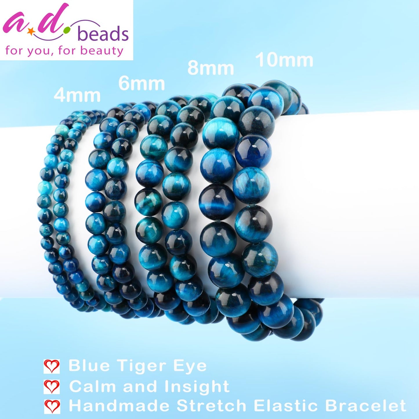 AD Beads 6mm Handmade Blue Tiger Eye Elastic Bracelet – Natural Gemstone for Calm and insight – Meditation, Yoga, Healing and Energy Gift for Men Women