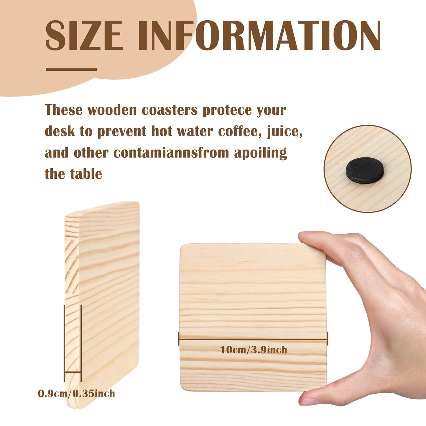 38 Pack Unfinished Wood Coasters - 4 Inch Square Blank Wooden Coasters with Non-Slip Silicon Dots for DIY Crafts, Architectural Models, Drawing, Painting, Wood Engraving