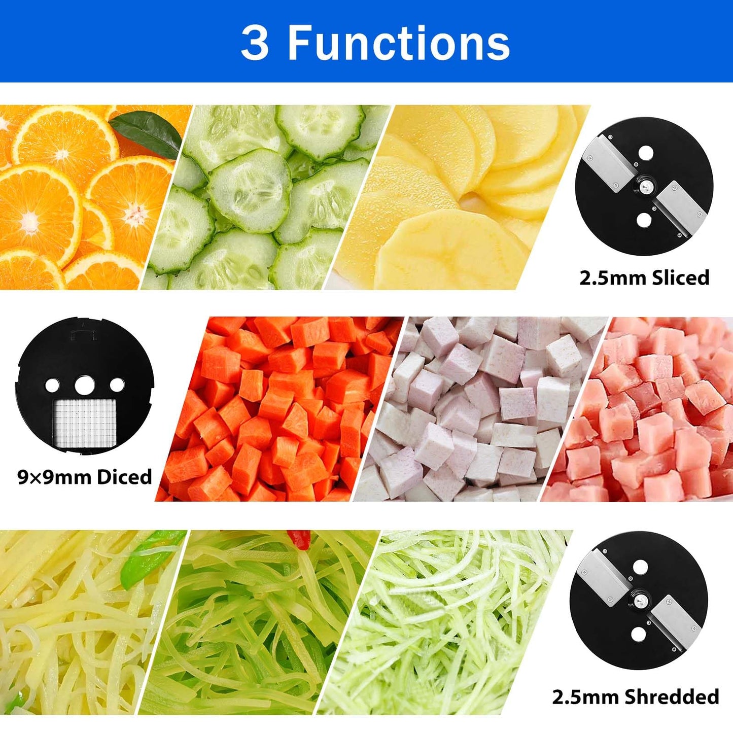 3 in 1 Commercial Vegetable Dicer Chopper,Multifunctional Food Processor, Electric Potato Cutter Automatic Onion Slicer& Shredder with 3 Blades
