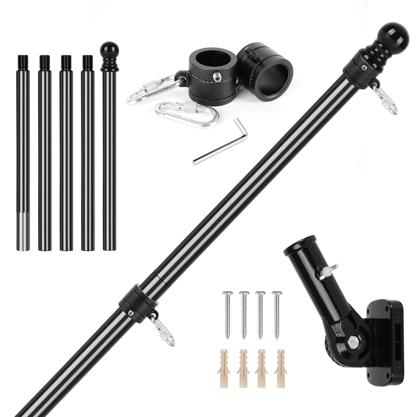 Msnaile 6FT Carbon Fiber Flag Pole, Flagpole for Outside House, Porch Flagpoles, Tangle Free Black Flag Pole Kit, Wind-Resistant, Bend-Resistant, Rust-Free (Includes Bracket, Plain Carbon Fiber)