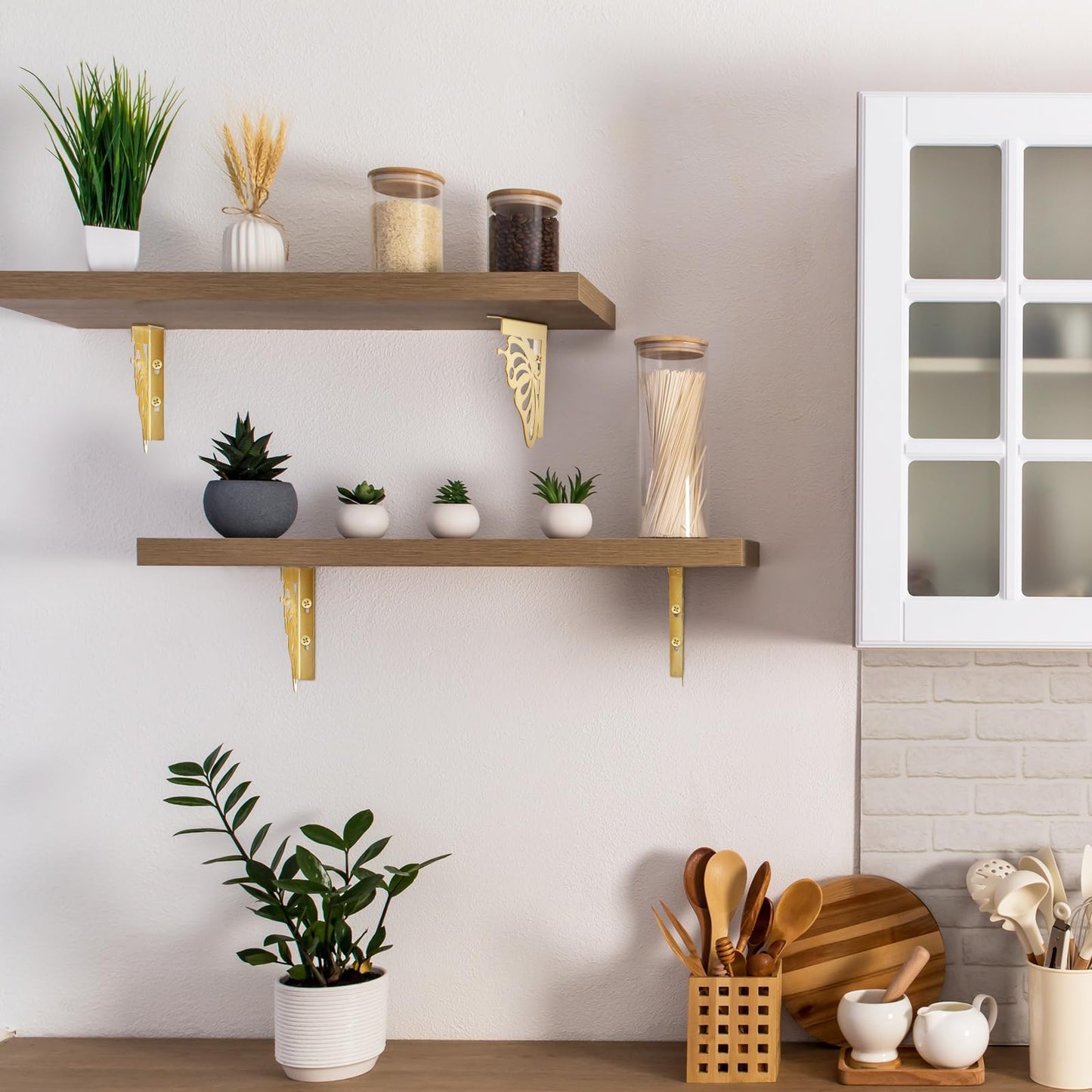 Colingmill 4 Pcs Decorative Gold Shelf Brackets Heavy Duty Antique Brass Shelf Brackets 4.6 Inch Butterfly Wall Mount Shelving Bracket for DIY Floating Shelves Living Room Bedroom Kitchen Decor