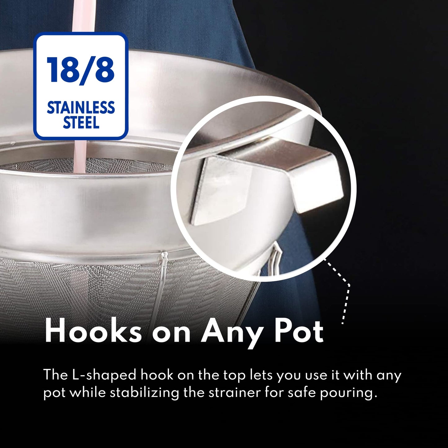 New Star Foodservice Reinforced Bouillon Strainer, 8-Inch, Fine Mesh, 18/8 Stainless Steel, Commercial Kitchen Strainer for Stocks, Sauces, Soups, and Purees