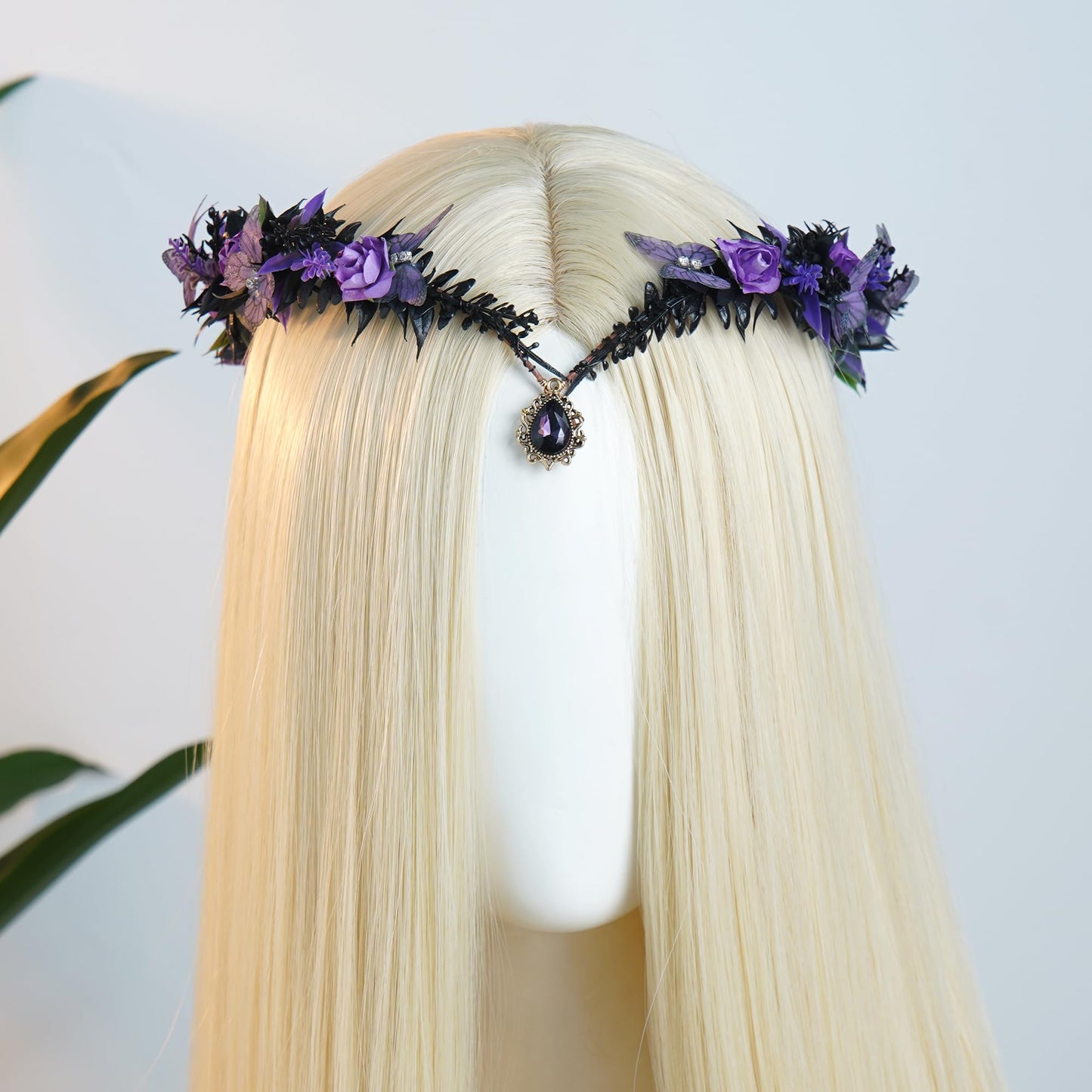 MOSTORY Gothic Butterfly Elf Crown - Dark Purple Flower Crown for Witch Accessories Women, Black Fairy Wings Circlet for Renaissance Renfaire Fantasy Cosplay Witchcore Halloween