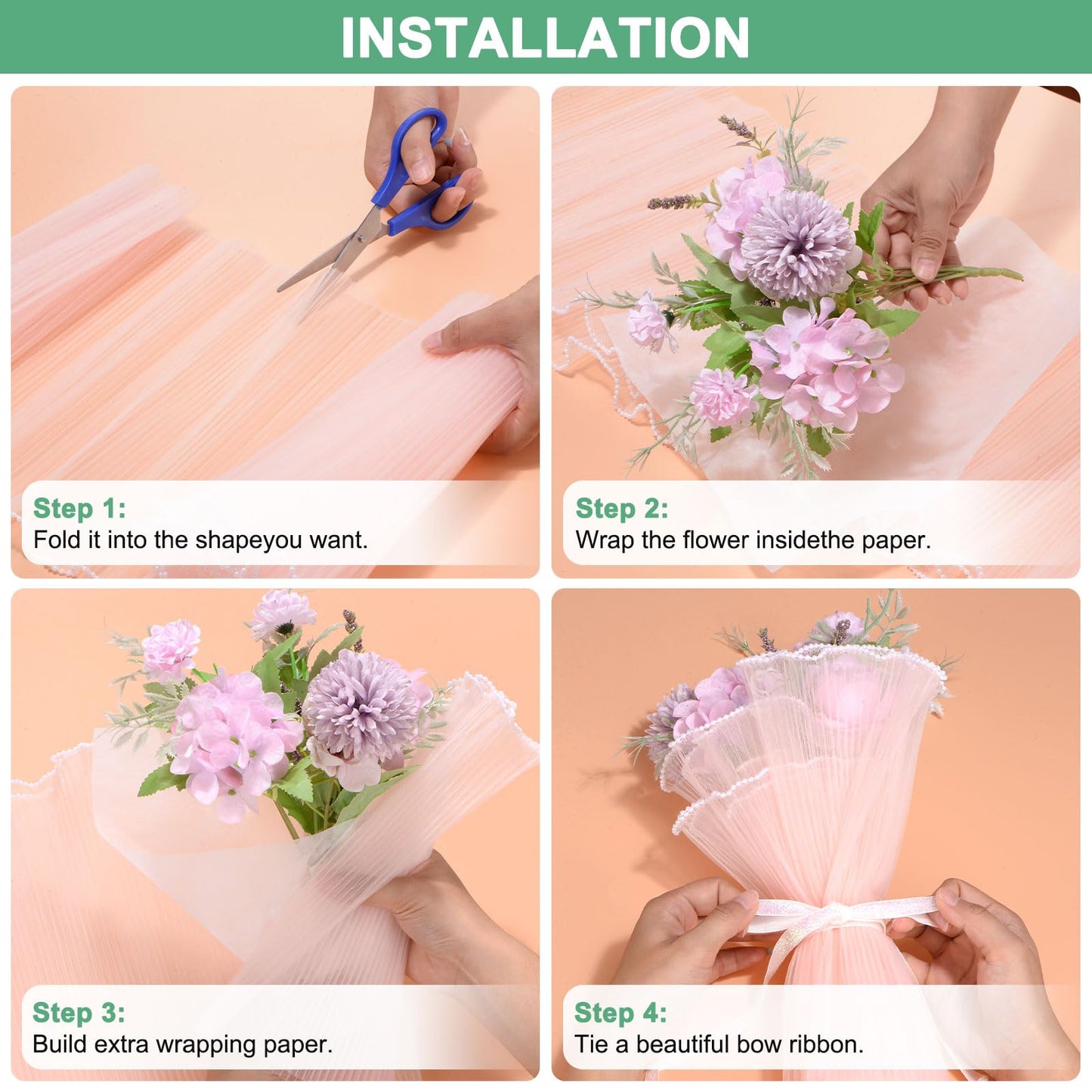 M METERXITY 152 Sheet Korean Cotton Wrapping Flower Paper - Floral Wrapping Paper Waterproof Bouquet Wrapping Paper Apply to Gift Packaging(11.8x11.8inches, Beige+Nude+Pink+Green)