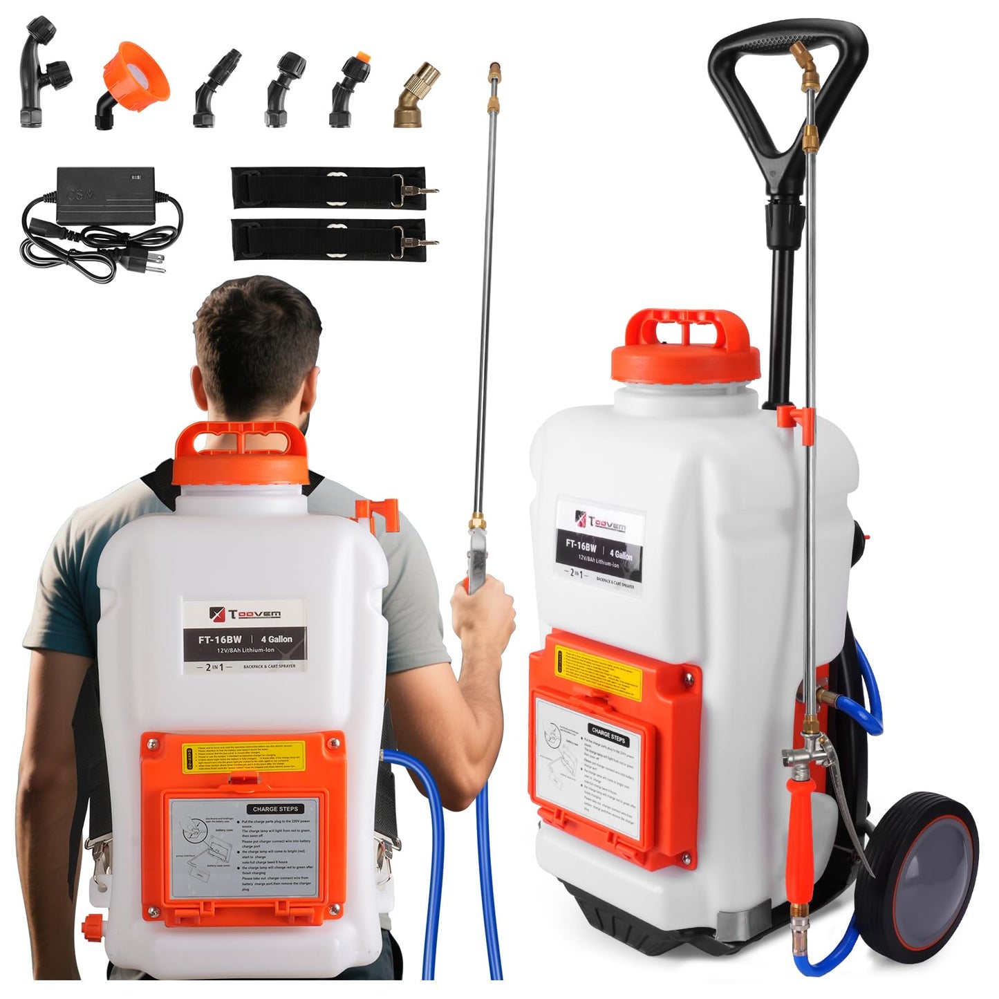 Toovem Battery Powered Backpack Sprayer 4 Gallon, Weed Yard Sprayer with Wand, Electric Backpack Garden Sprayer with Wheeled Cart for Weeding, Adjustable 0-94 PSI, 10FT Hose, 6 Nozzles