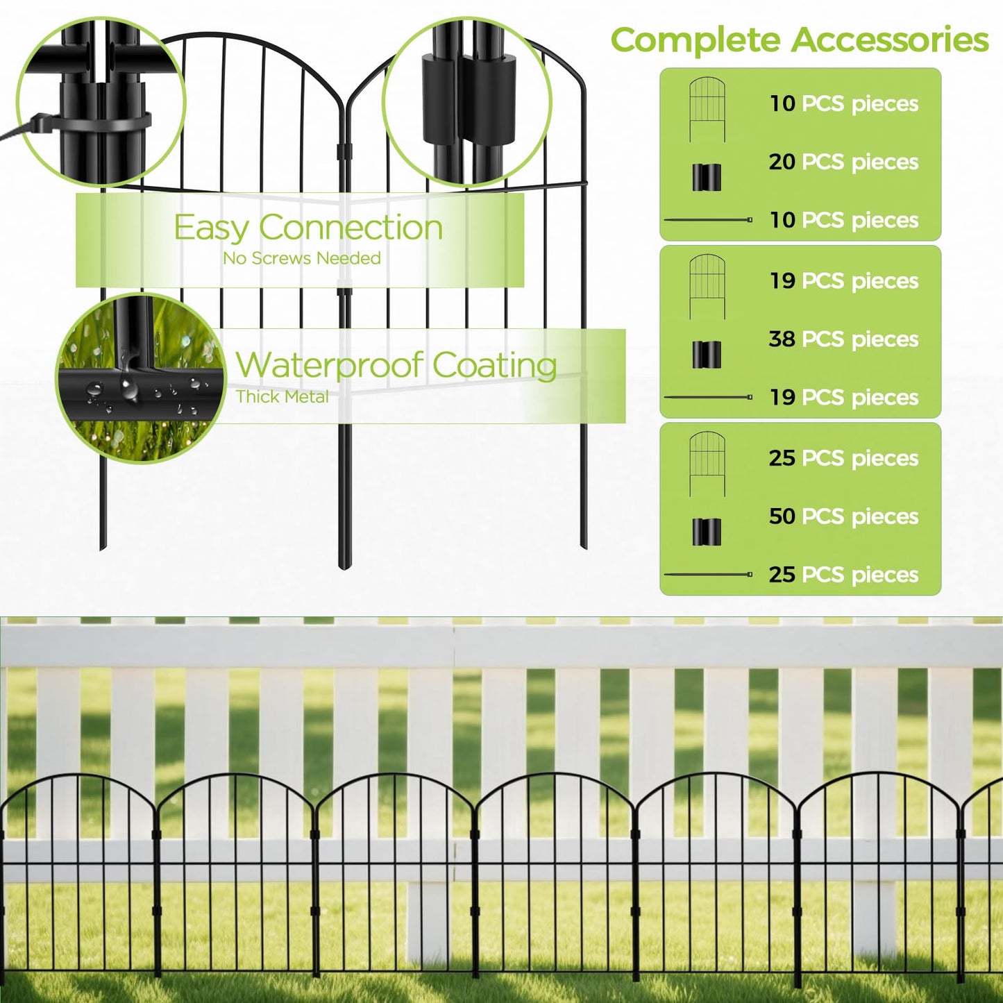 VANCASTLE Decorative Garden Fence Outdoor, Total 10.5ft (L) x 24in (H), Rustproof Metal Landscape Barrier Fence, Black Fence for Yard, Patio Lawn, 10 Panels