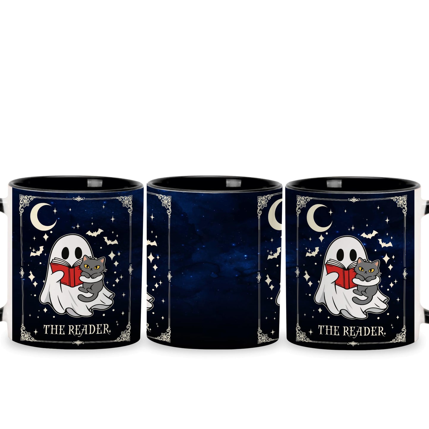 Hyturtle Cute Ghost Reading Coffee Mug with Spoon Gifts on Halloween Birthday, Funny Ghost with Cat Tarot Gifts, Book Lover Presents, Bookish Decor for Readers, Book Club Gift 11oz Ceramic Tea Cup