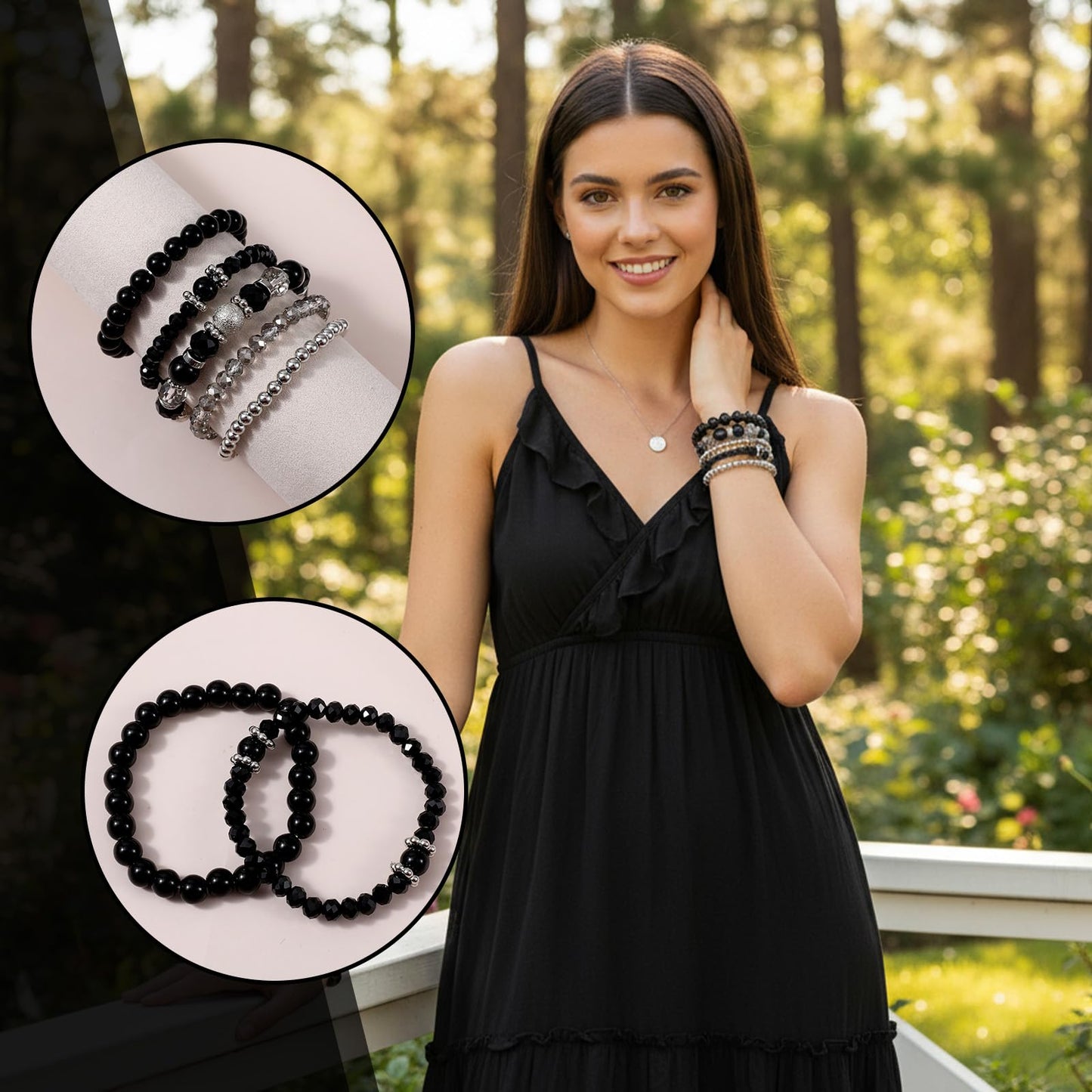 Ouligay 5 PCS Black Beaded Bracelets for Women Men Stackable Bracelet Gothic Crystal Bead Bracelets Stretch Layering Bracelet Anxiety Stress Relief Jewelry Gifts