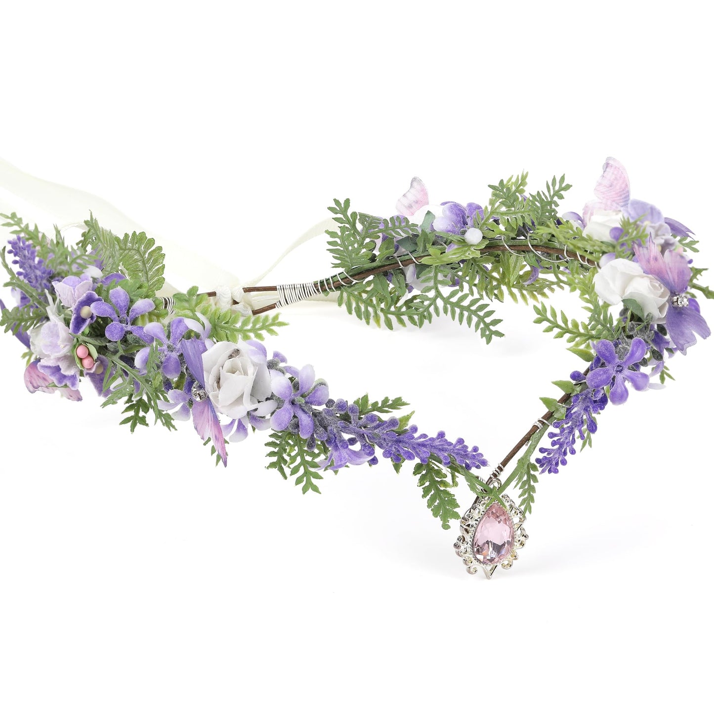 MOSTORY Purple Flower Elf Crown - Woodland Fairy Headpiece with Butterflies for Renaissance Costume Women Cosplay, Forest Floral Circlet for Renfaire Outfit Cosplay Fantasy Photo Shoot