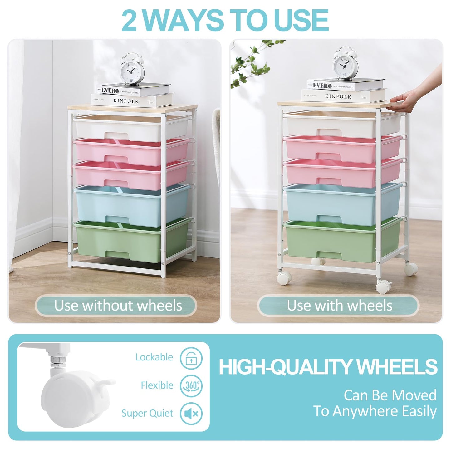 SYKIARIOL Utility Cart with 5 Drawers,Storage Drawer Cart with Wooden Tabletop and Lockable Wheels,Craft Storage Trolley Cart,5-Tier Rolling Utility Cart on Wheels,Rainbow