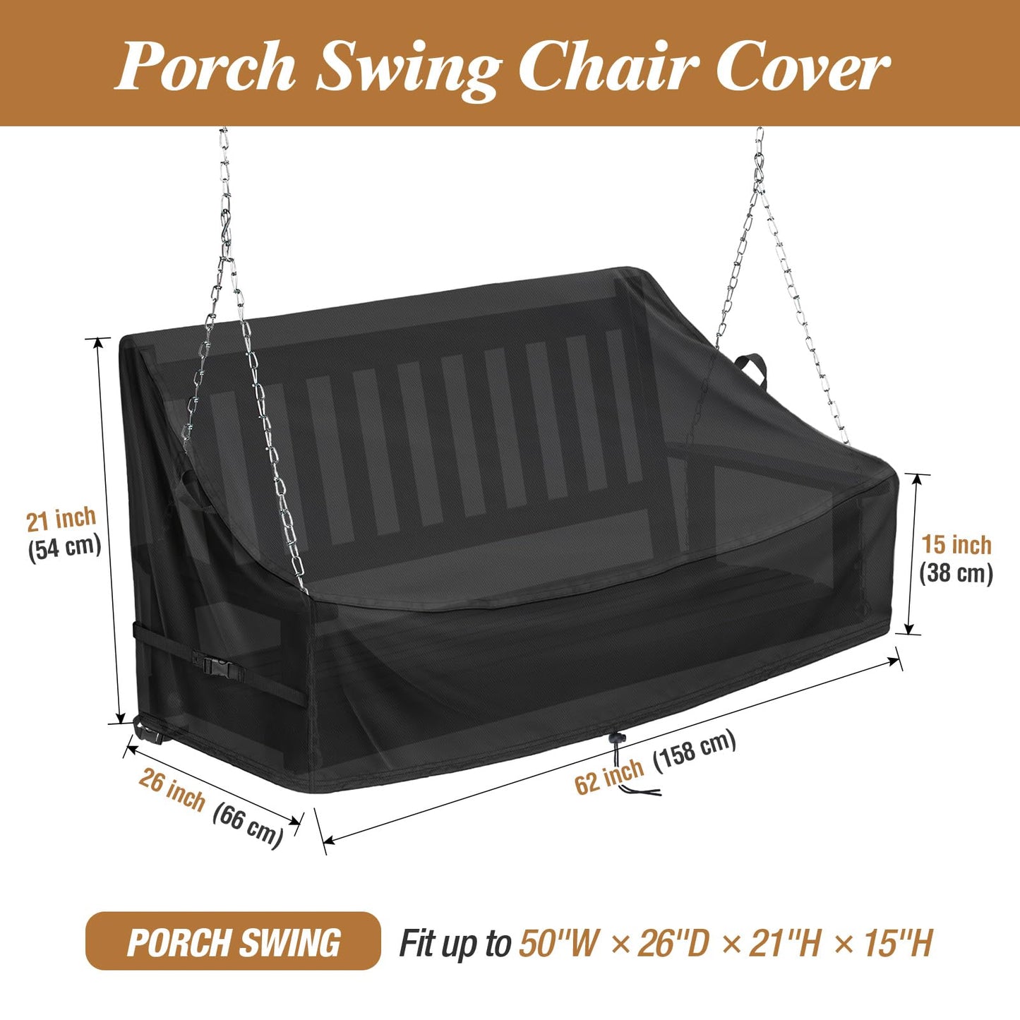 Kasla Porch Swing Seat Cover, Waterproof Swing Covers for Outdoor Patio Swings & Garden Hammock Glider & Hanging Swing Bench (62x26x15/21in)