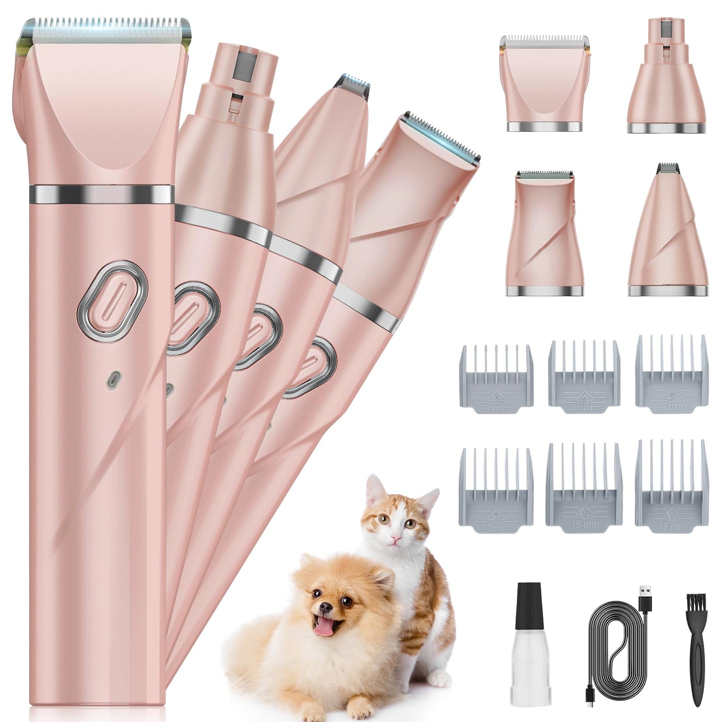 QREEYX Upgrade Dog Grooming Kit, Cordless Dog Paw Trimmer, 4 in 1 Low Noise Pets Hair Clipper Grooming Kit, 2-Speed Nail Grinder with Stainless Steel Blade for Small Pet with Thick Coats (Pink)