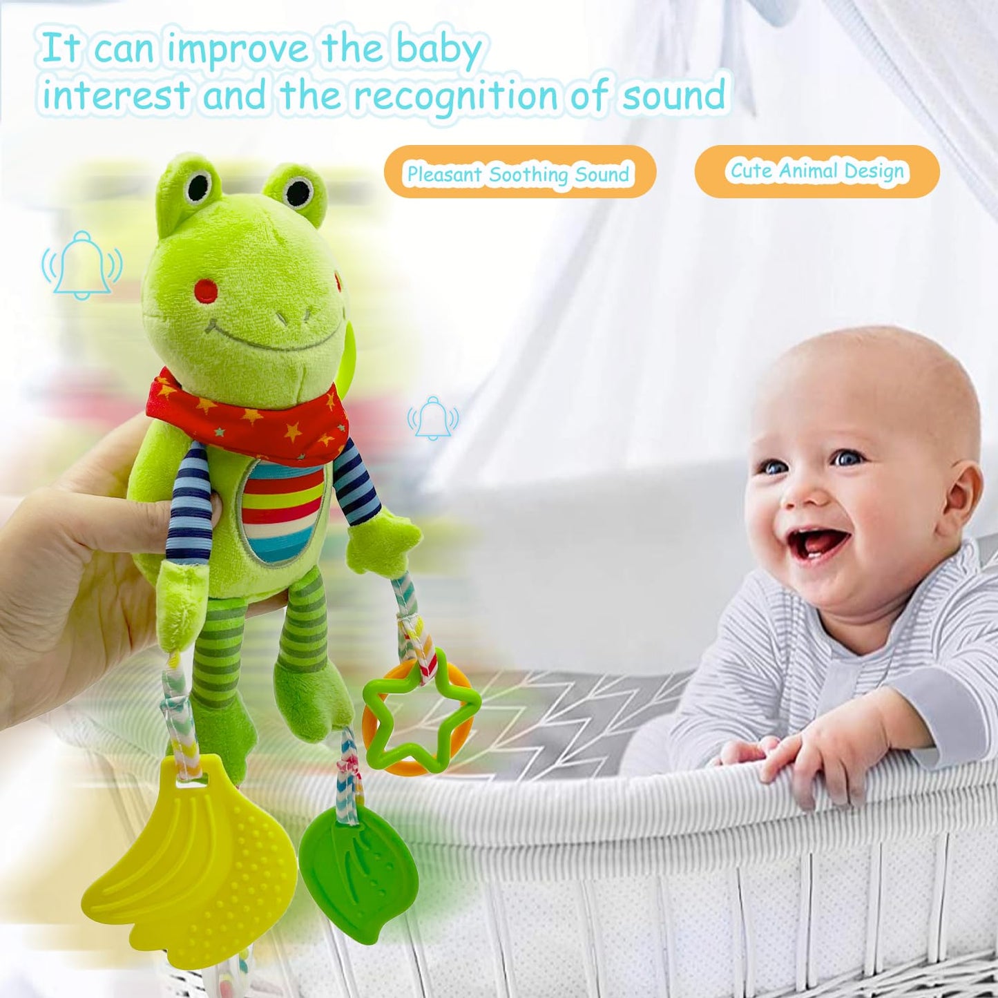 Cylazo Baby Hanging Toys, Plush Animal Stuffed Sensory Toys for Carseat Stroller Car Seat Crib Play Gym, Baby Toys for 0 3 6 9 12 Months, Baby Boys and Girls Gift (Frog)