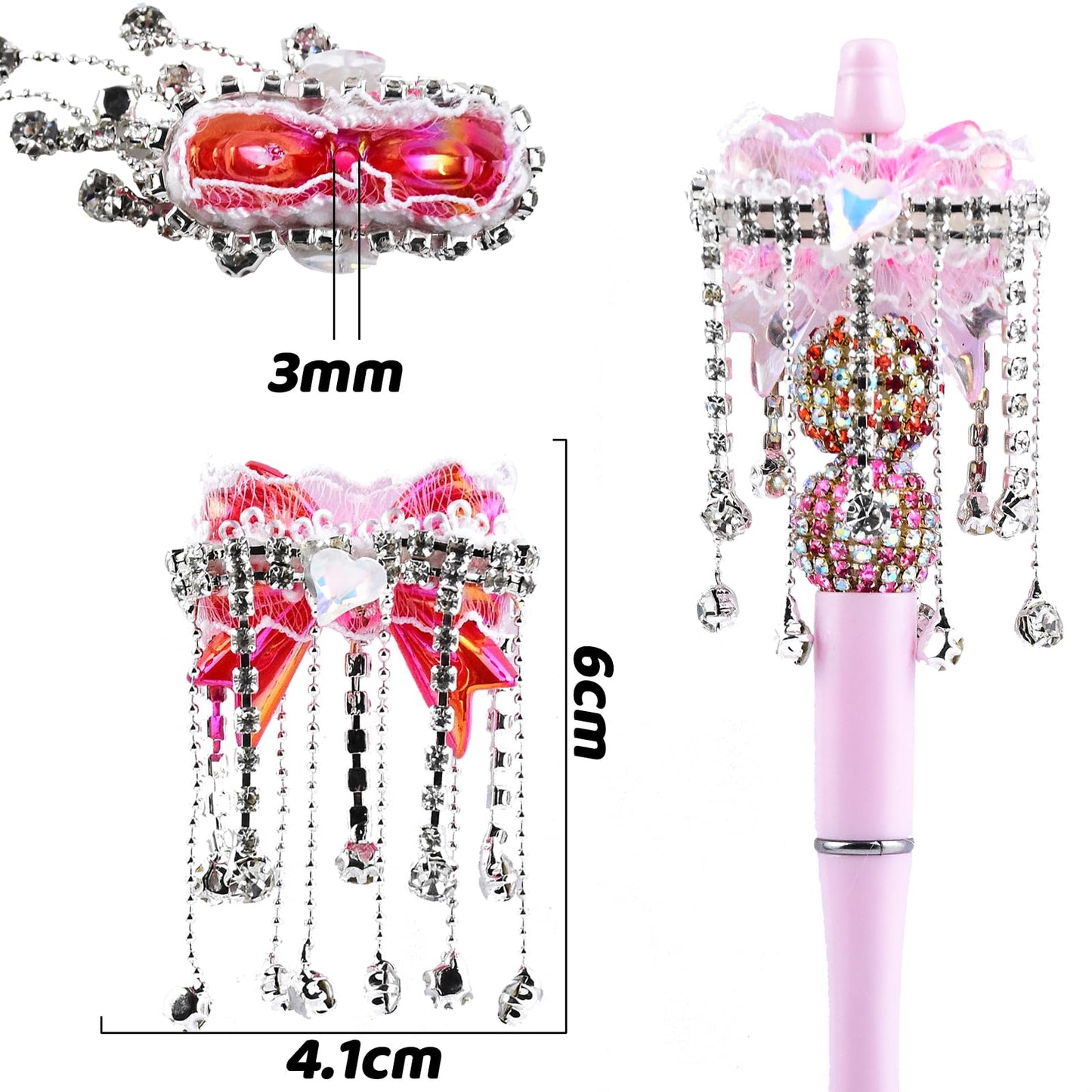 6Pcs White Lace Bow Rhinestone Acrylic Tassel Focal Beads for Pens Colorful 3D Bow Spacer Beads for DIY Craft Beadable Pens Jewelry Bracelet Necklace Earrings Keychain Making